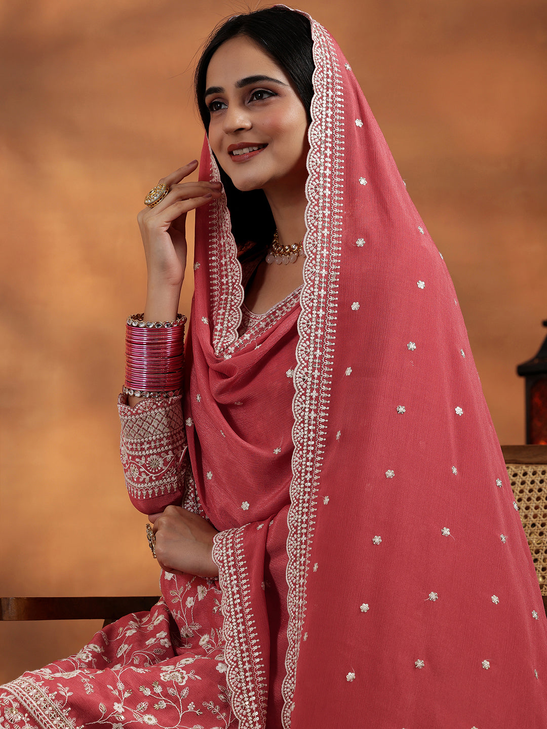 Coral Embroidered Silk Blend Straight Suit With Dupatta