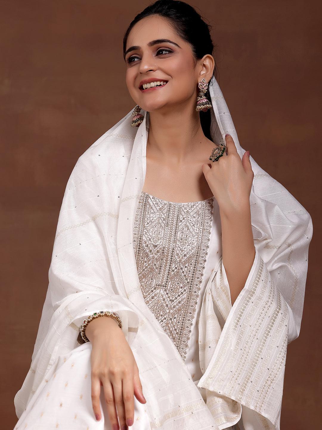 White Yoke Design Silk Blend Straight Suit With Dupatta