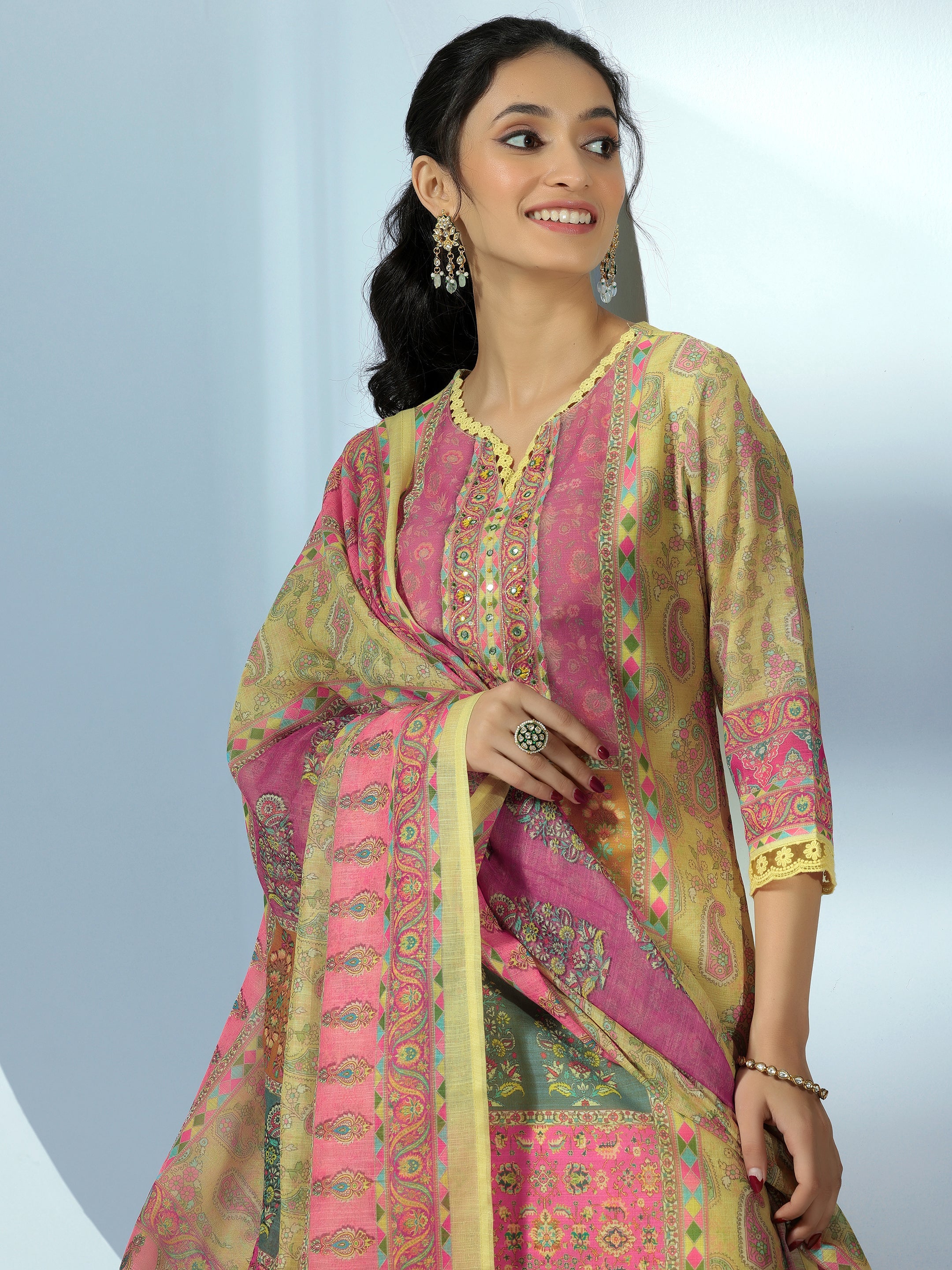 Yellow Printed Linen Straight Suit With Dupatta