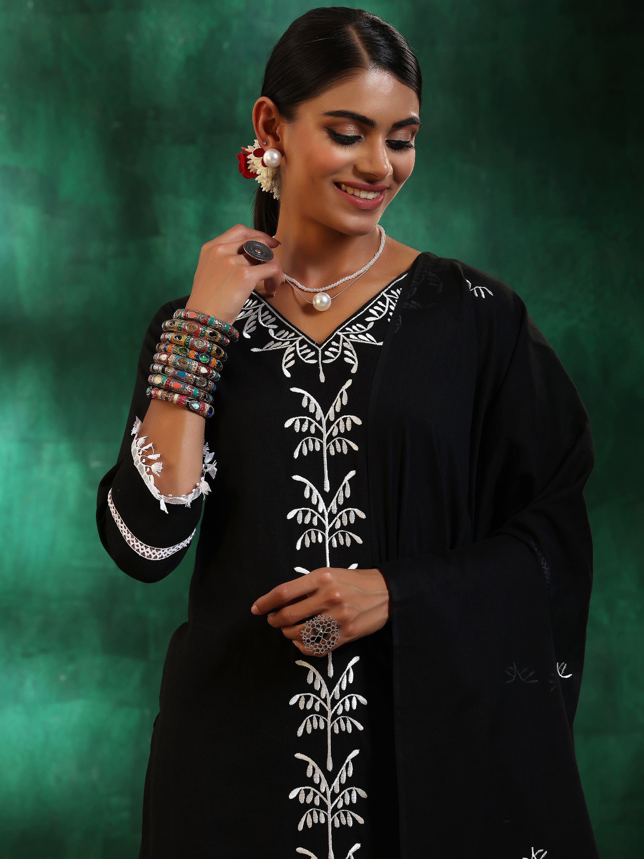 Black Embroidered Cotton Straight Suit With Dupatta