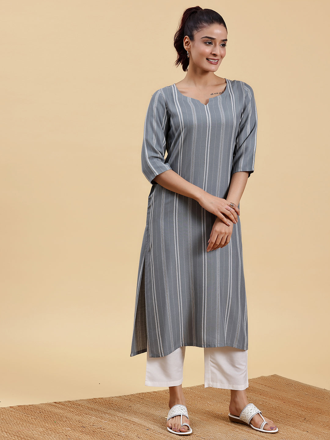 Grey Woven Design Rayon Straight Kurta