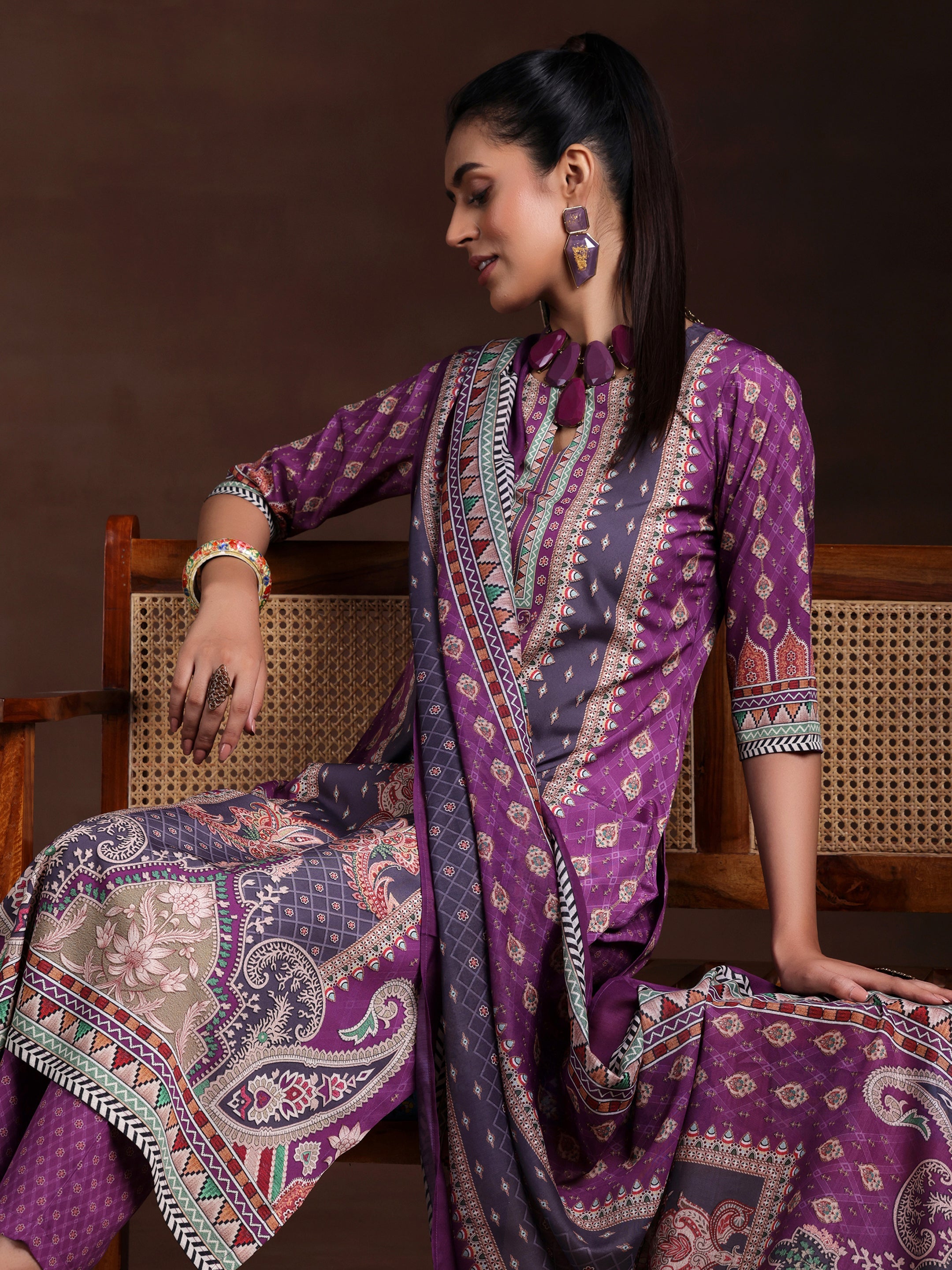 Purple Printed Poly Crepe Straight Suit With Dupatta