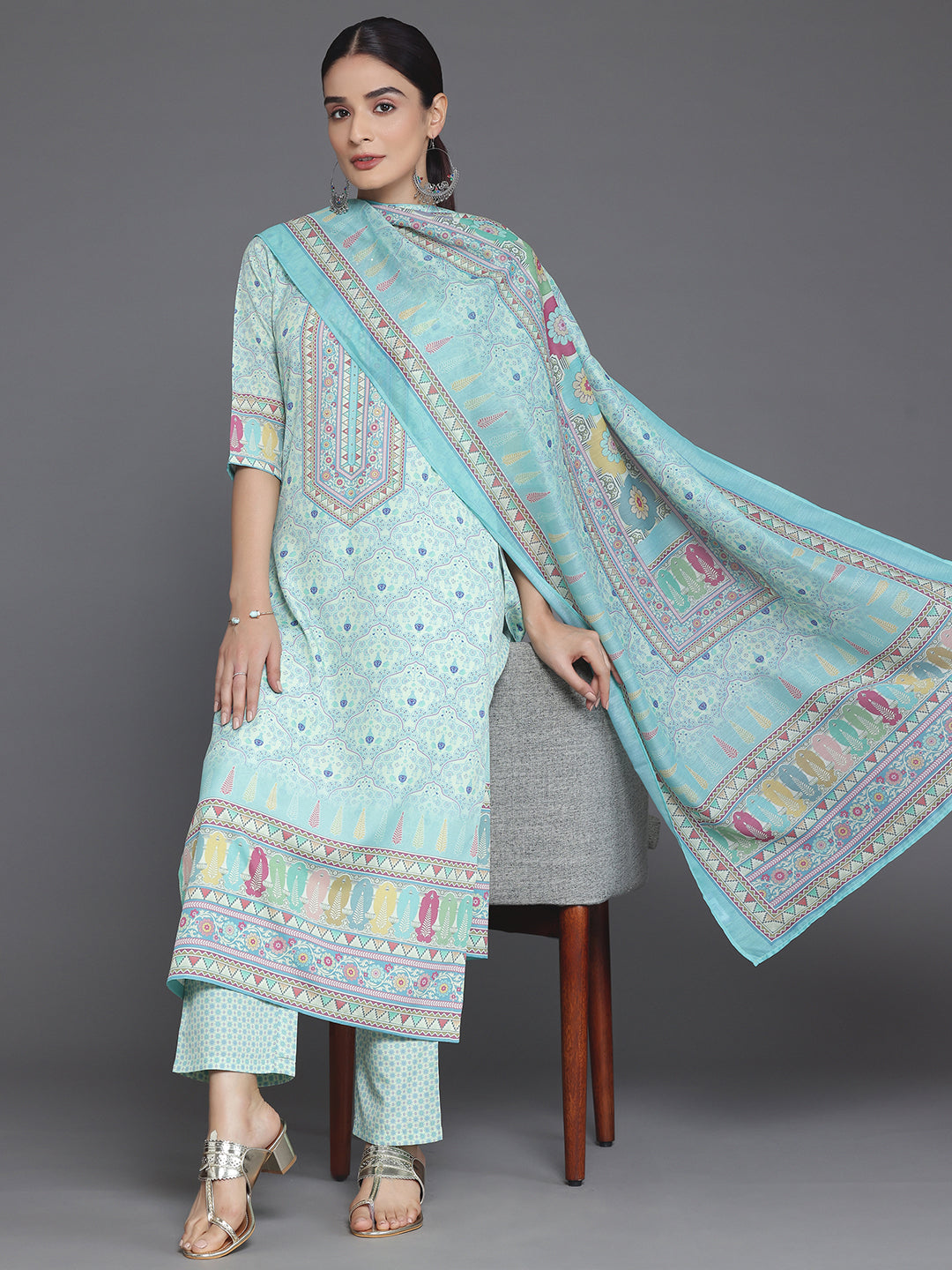 Green Printed Poly Crepe Straight Suit With Dupatta