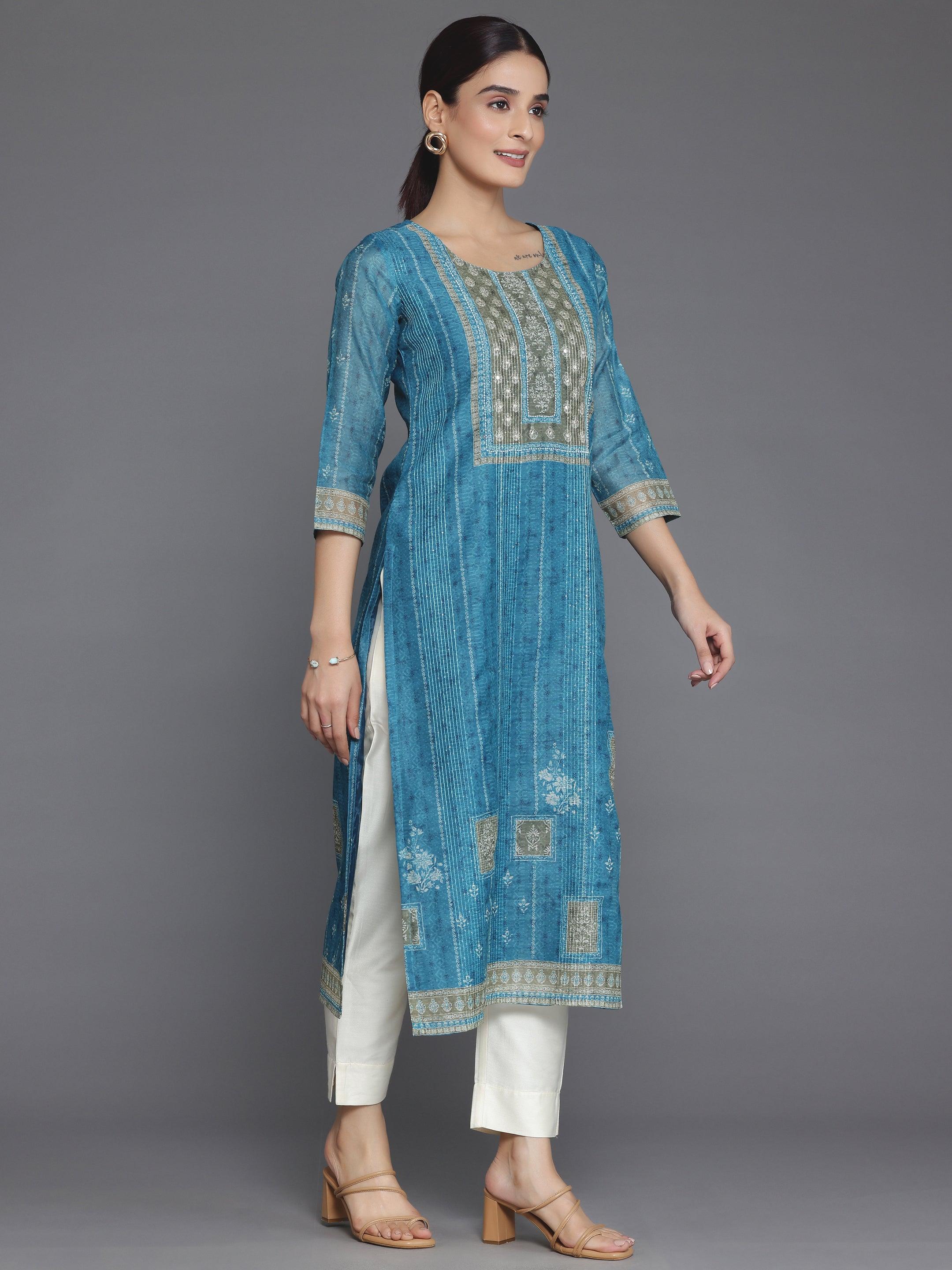 Blue Embellished Chanderi Silk Straight Kurta