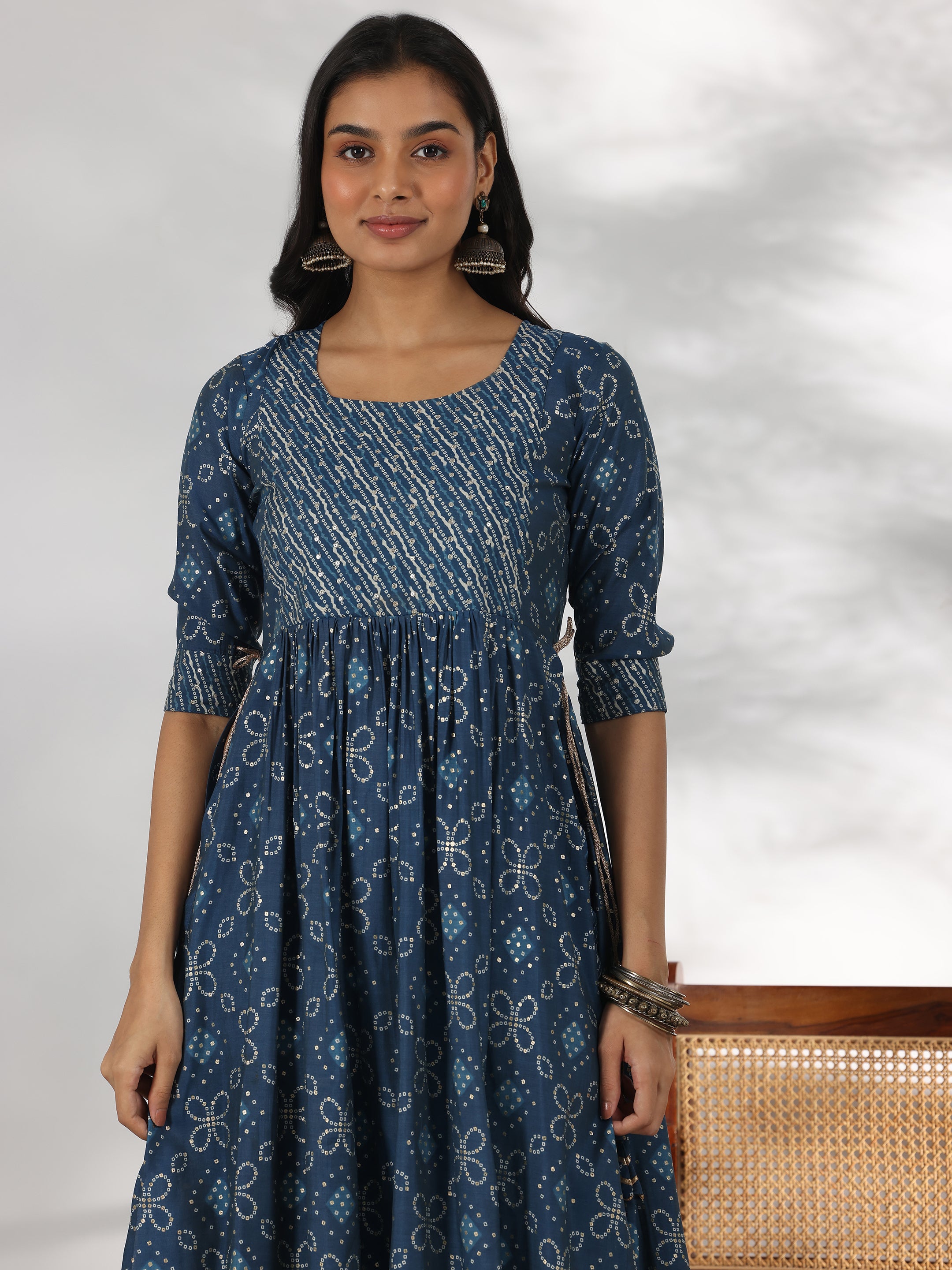 Blue Printed Silk Blend A-Line Kurta With Trousers & Dupatta