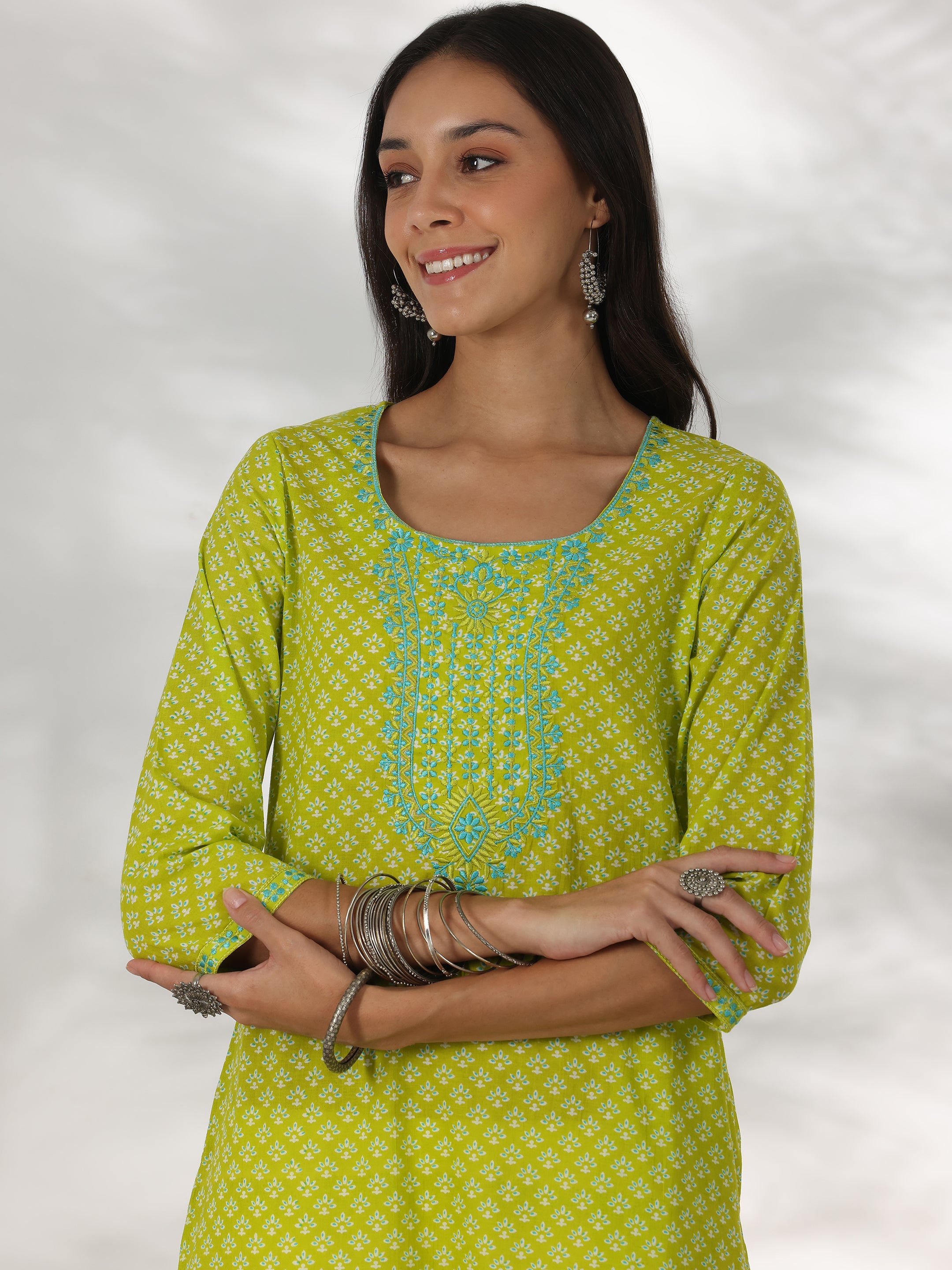 Green Printed Cotton Straight Kurta