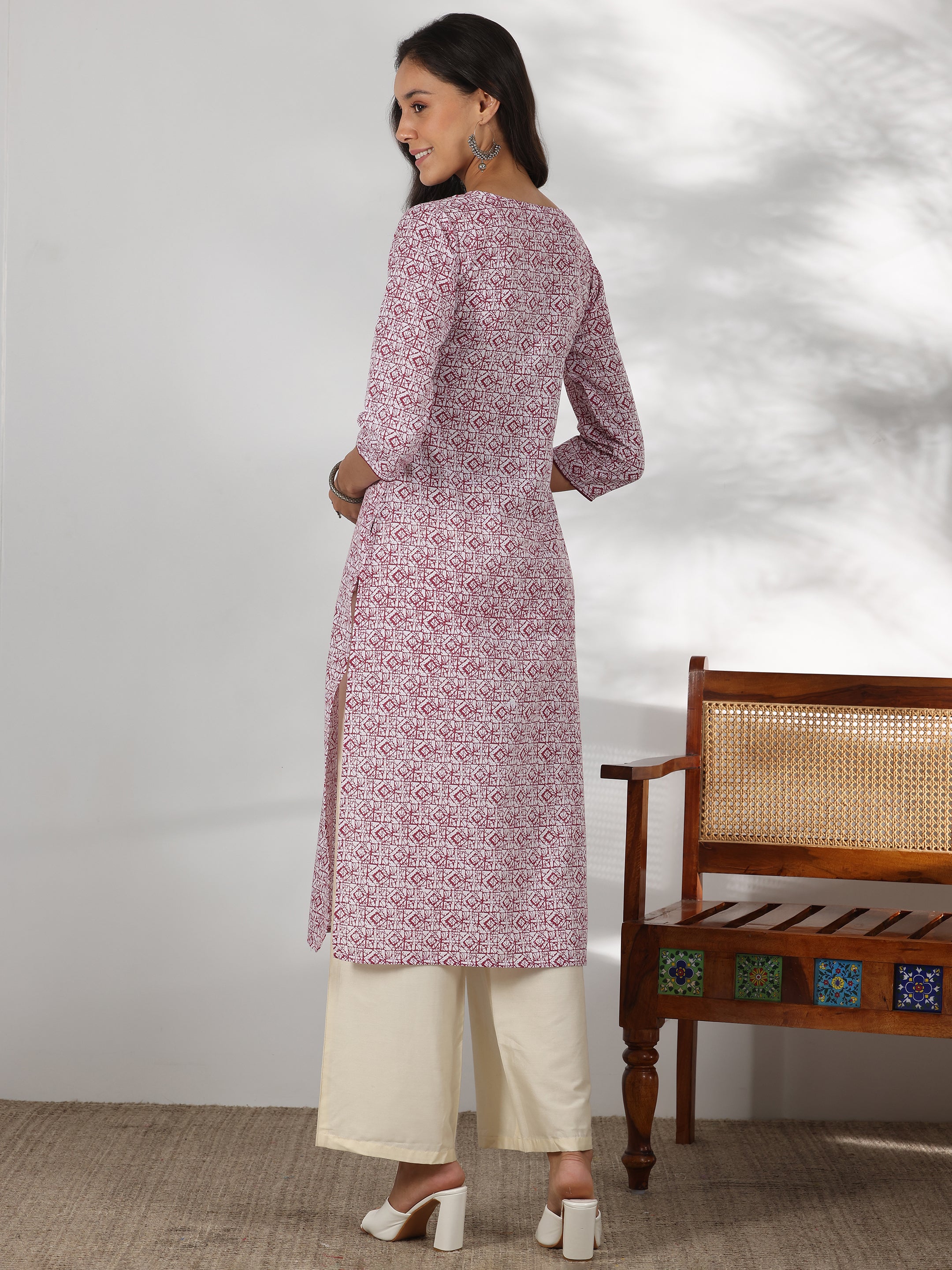 Maroon Printed Cotton Straight Kurta