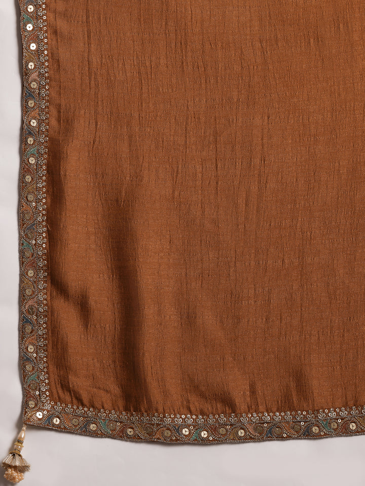 Rust Embroidered Silk Blend Straight Kurta With Palazzos & Dupatta