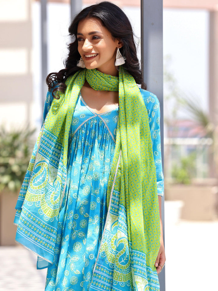 Blue Printed Cotton A-Line Kurta With Palazzos & Dupatta - Libas