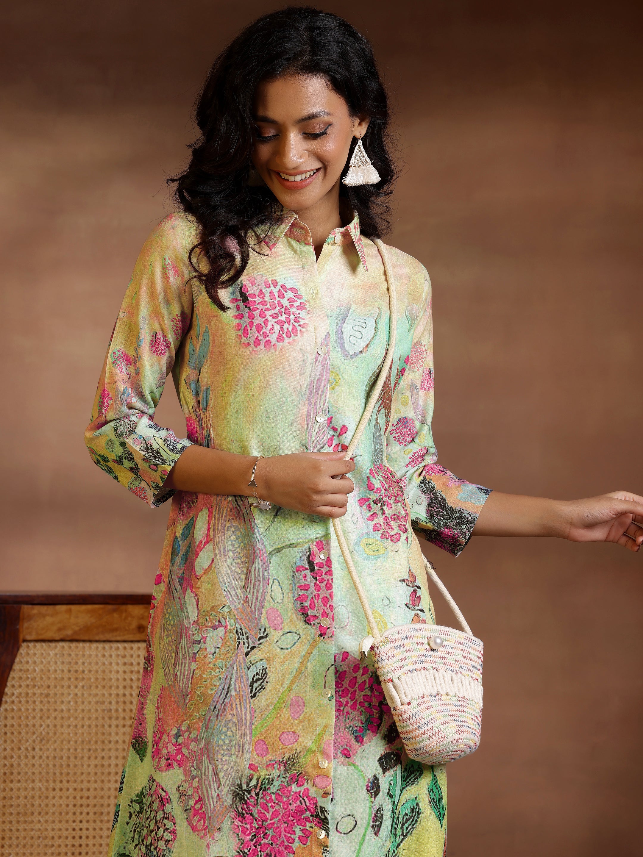 Multi Printed Linen Shirt Dress