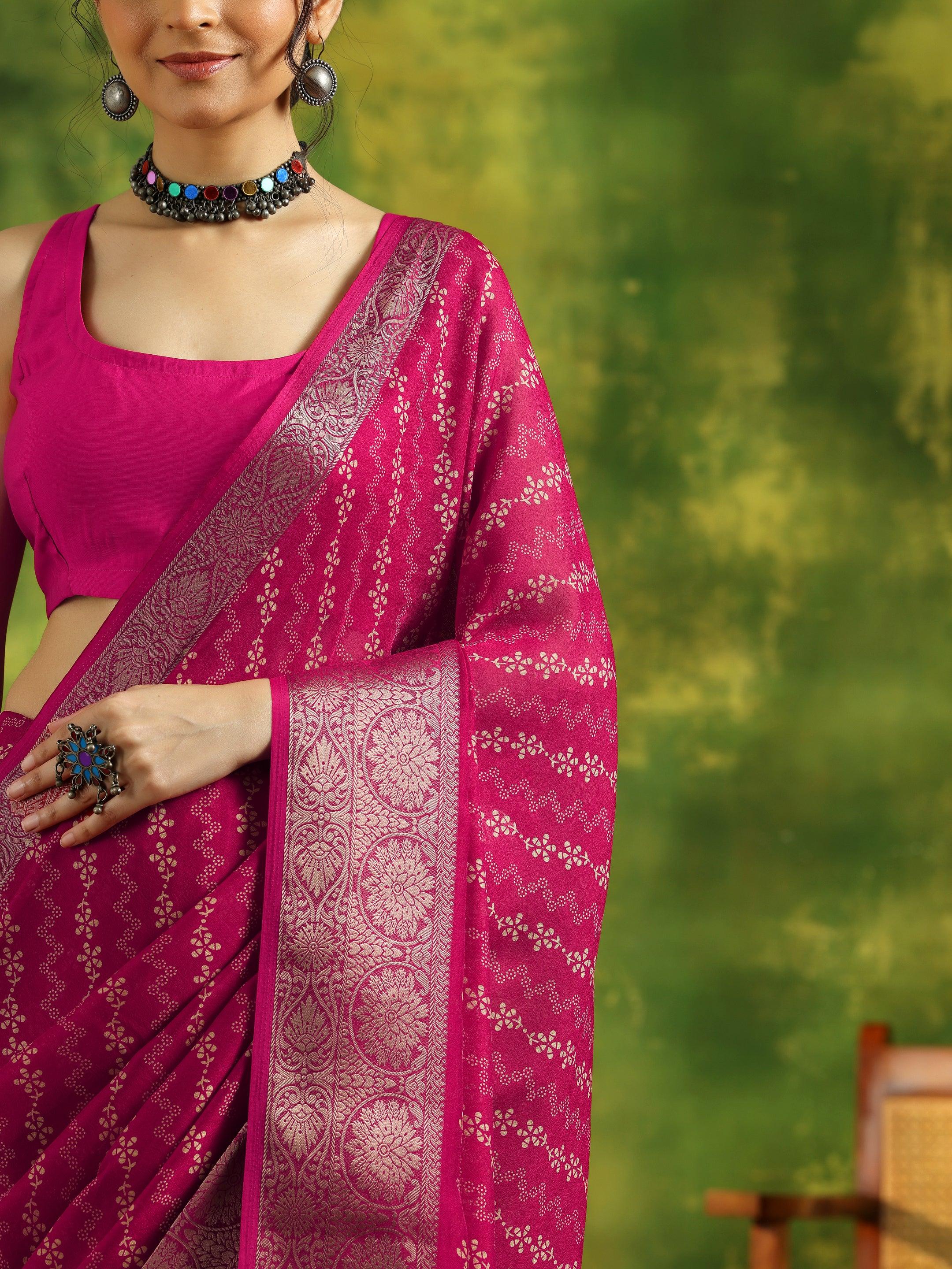 Pink Printed Silk Blend Saree With Unstitched Blouse Piece