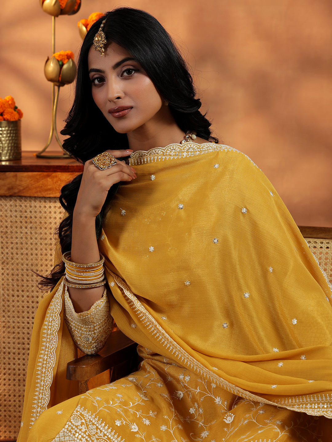 Mustard Embroidered Silk Blend Straight Suit With Dupatta