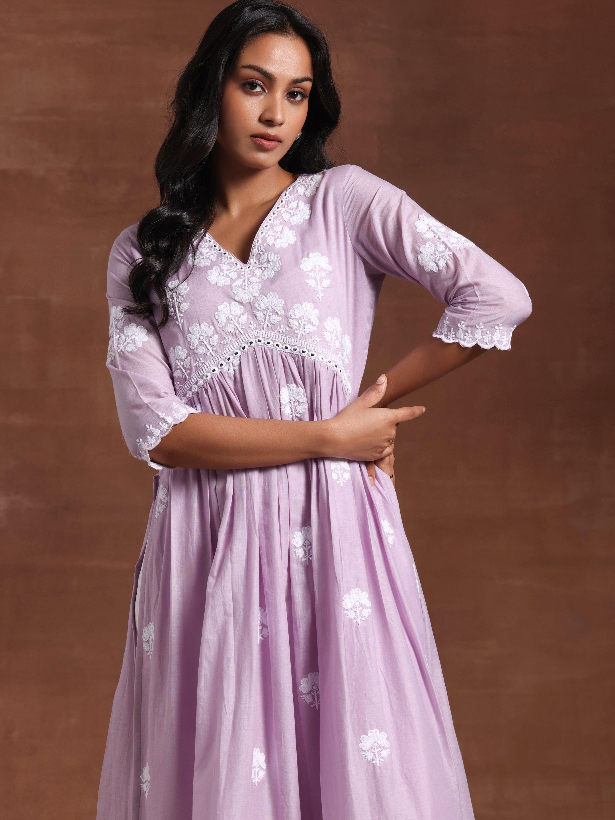 Lavender Embroidered Cotton A-Line Kurta