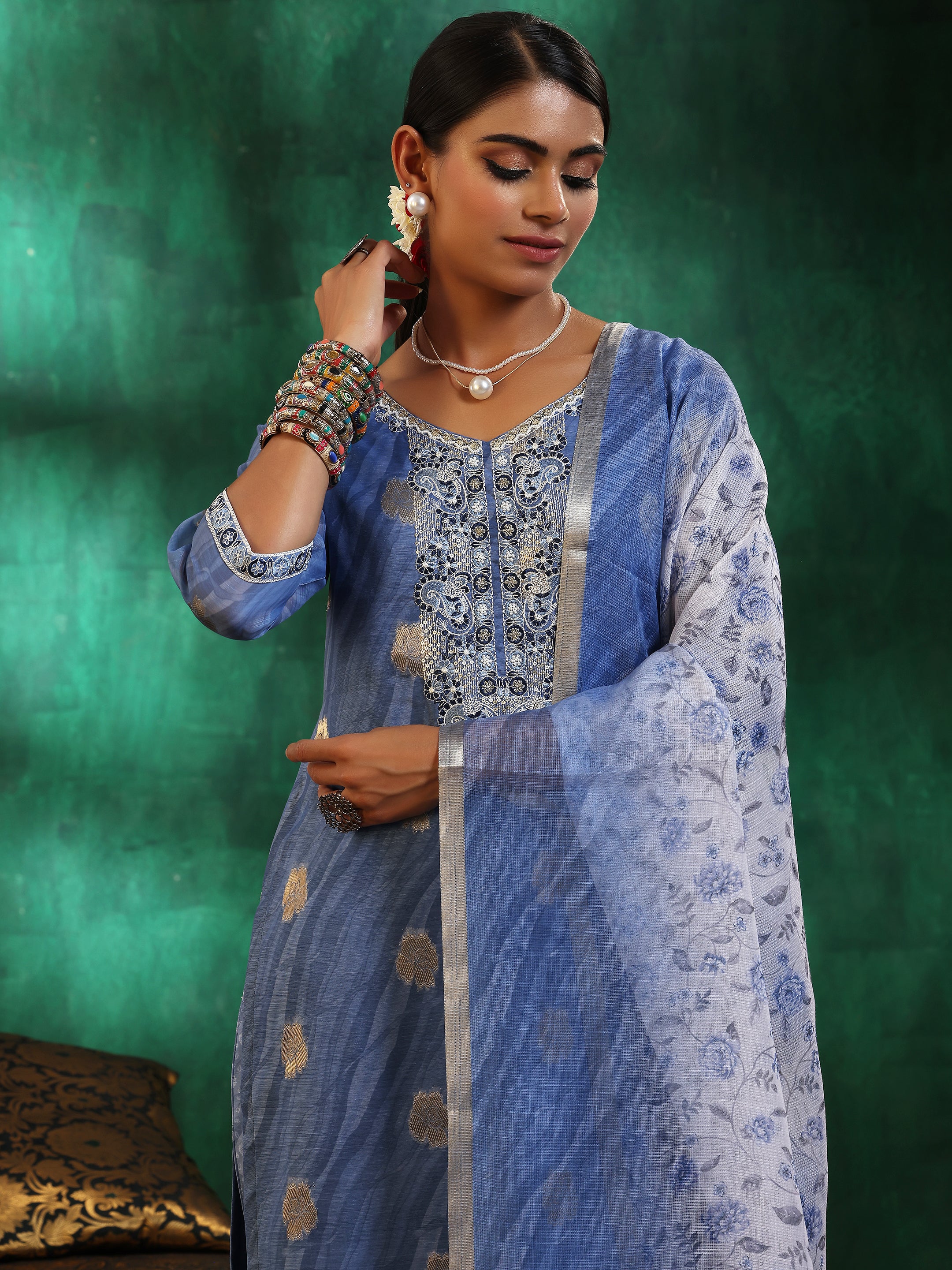 Blue Printed Silk Blend Straight Suit With Dupatta