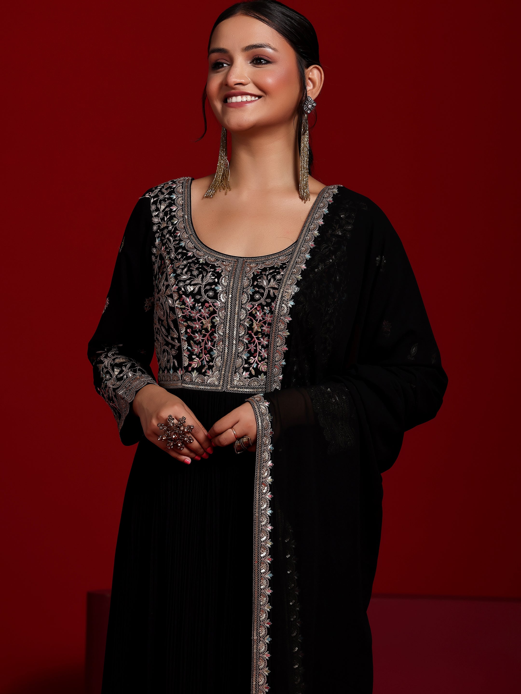 Libas Art Black Embroidered Georgette A-Line Kurta With Trousers & Dupatta