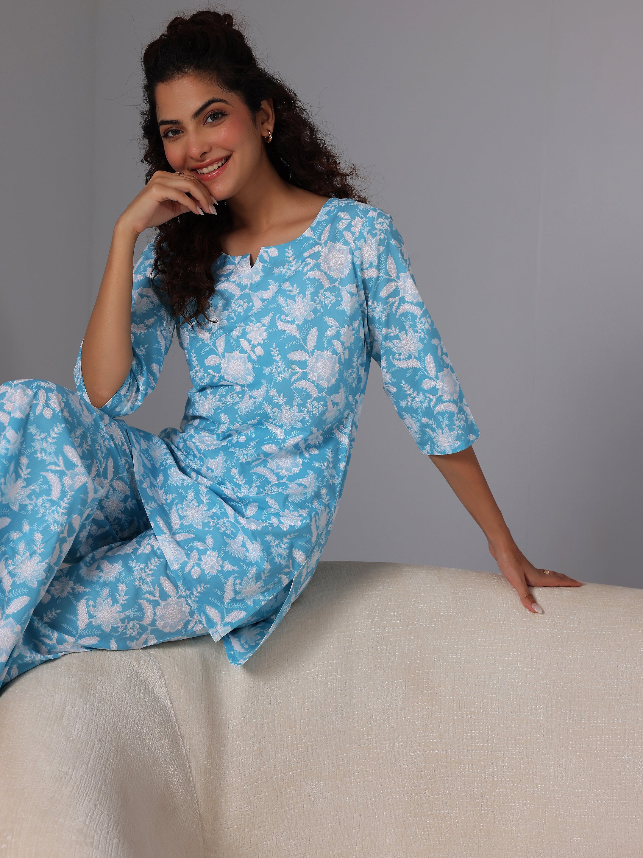 Blue Printed Cotton Night Suits