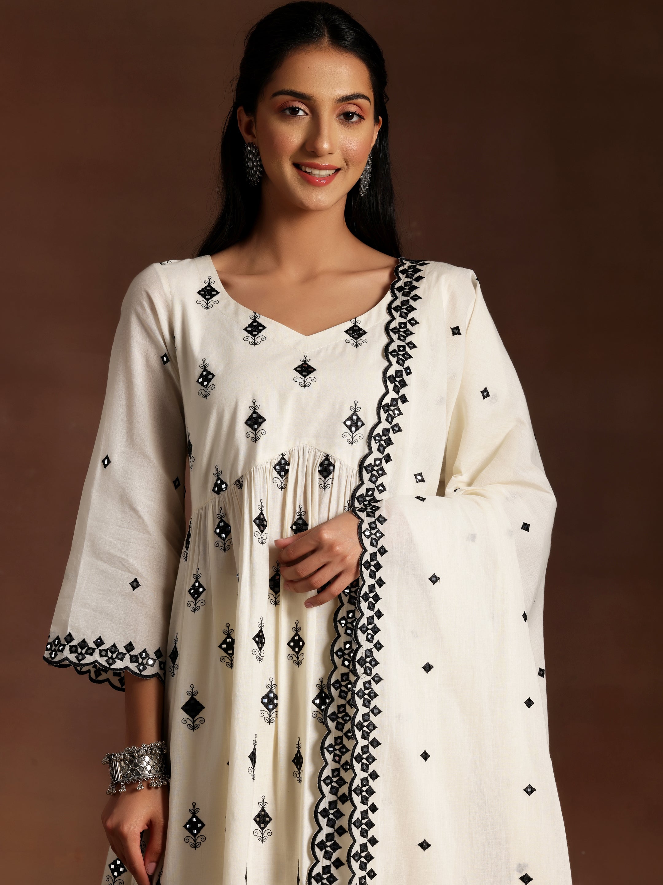 Off White Embroidered Cotton Anarkali Suit With Dupatta