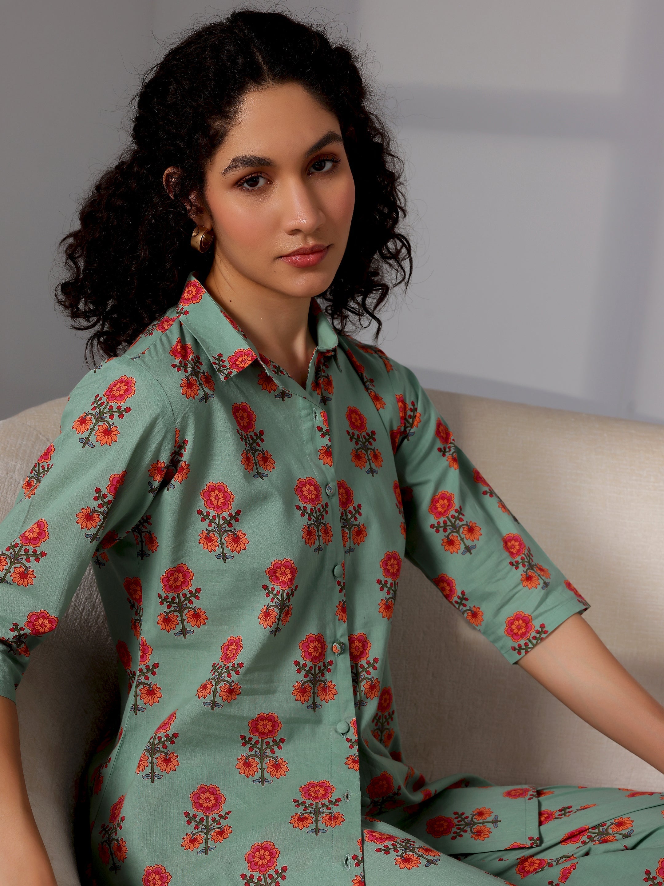 Green Printed Cotton Night Suits