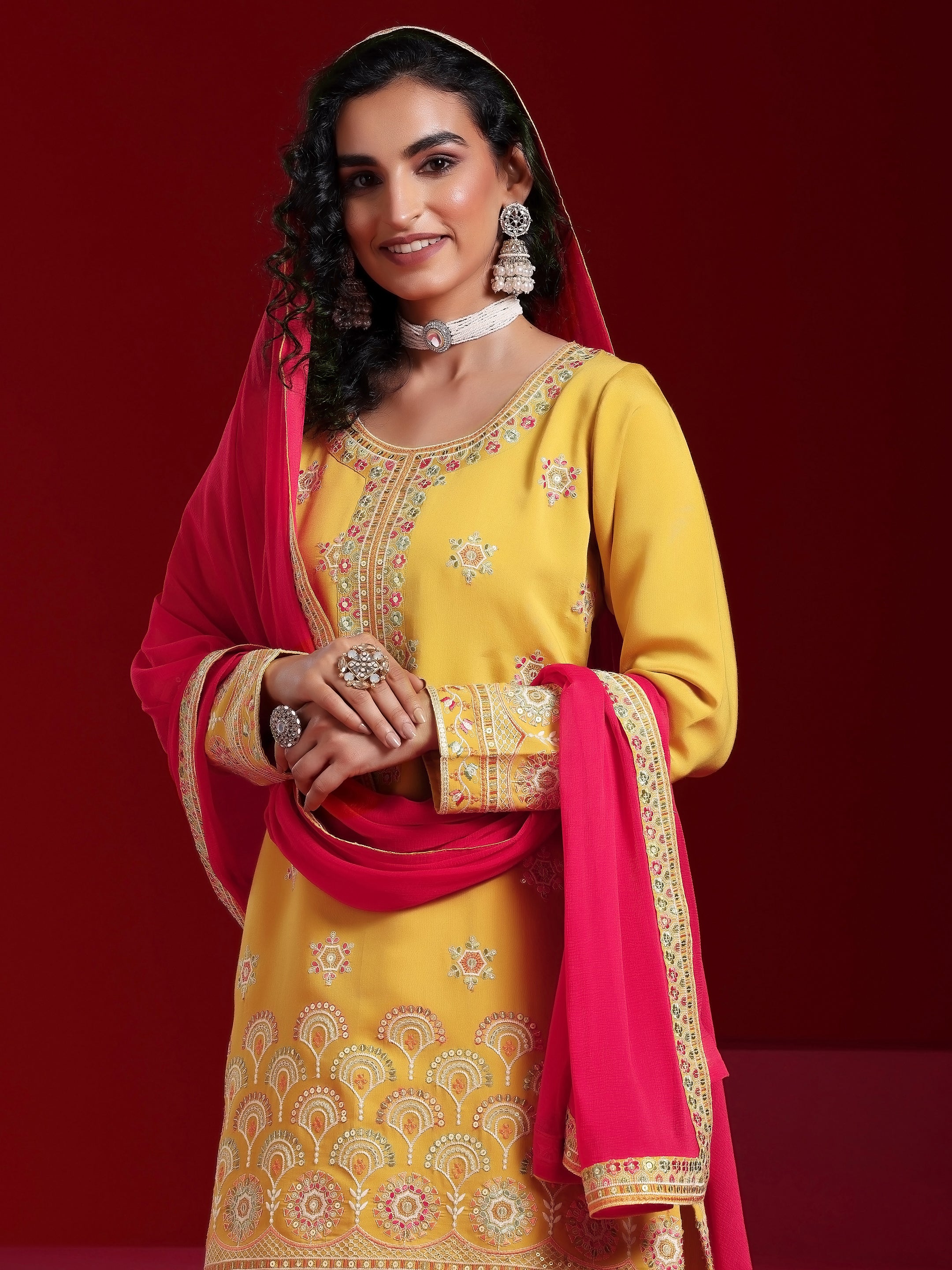 Libas Art Yellow Embroidered Silk Blend Straight Suit With Dupatta