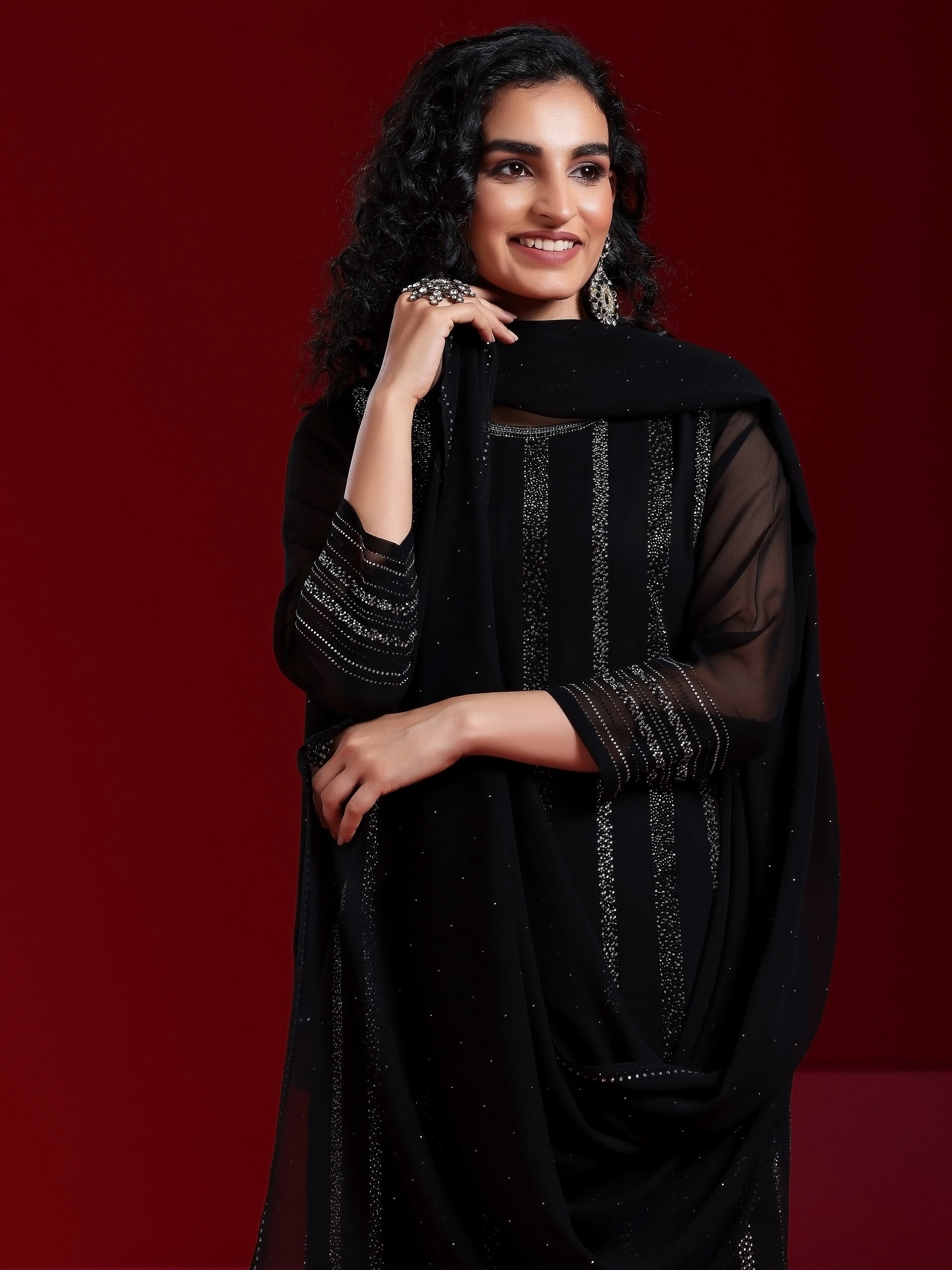 Libas Art Black Striped Georgette Straight Suit With Dupatta