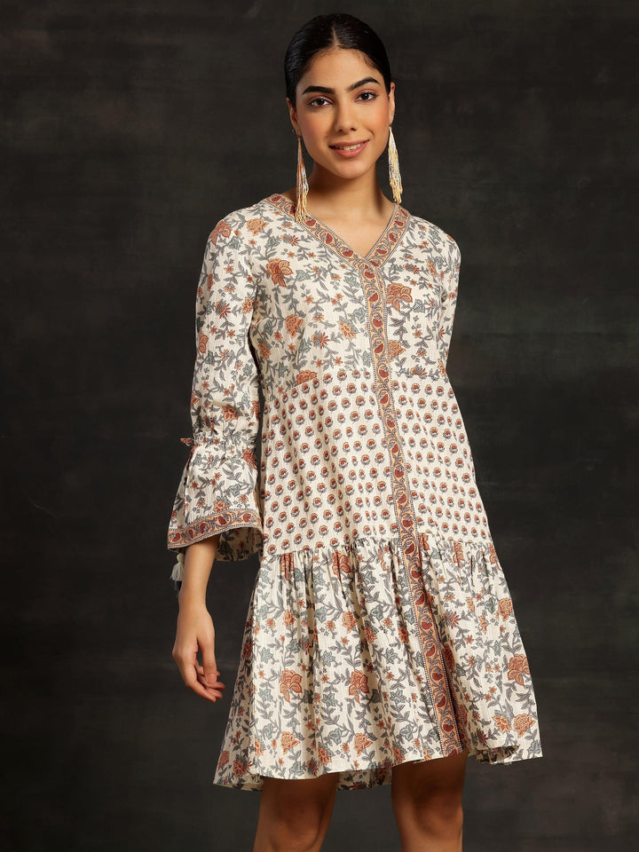 Beige Printed Cotton A-Line Dress - ShopLibas