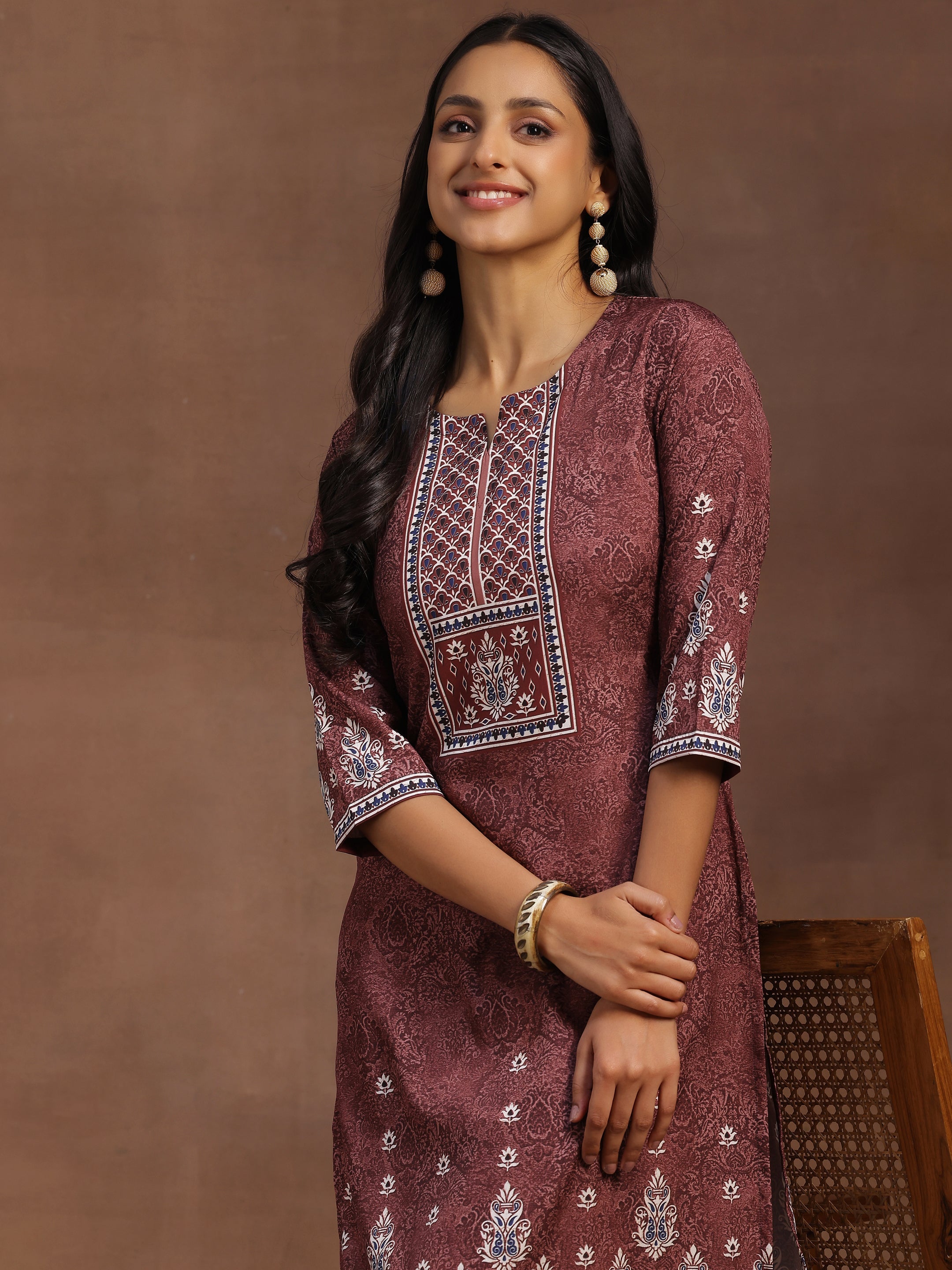 Brown Printed Poly Crepe Straight Kurta With Trousers