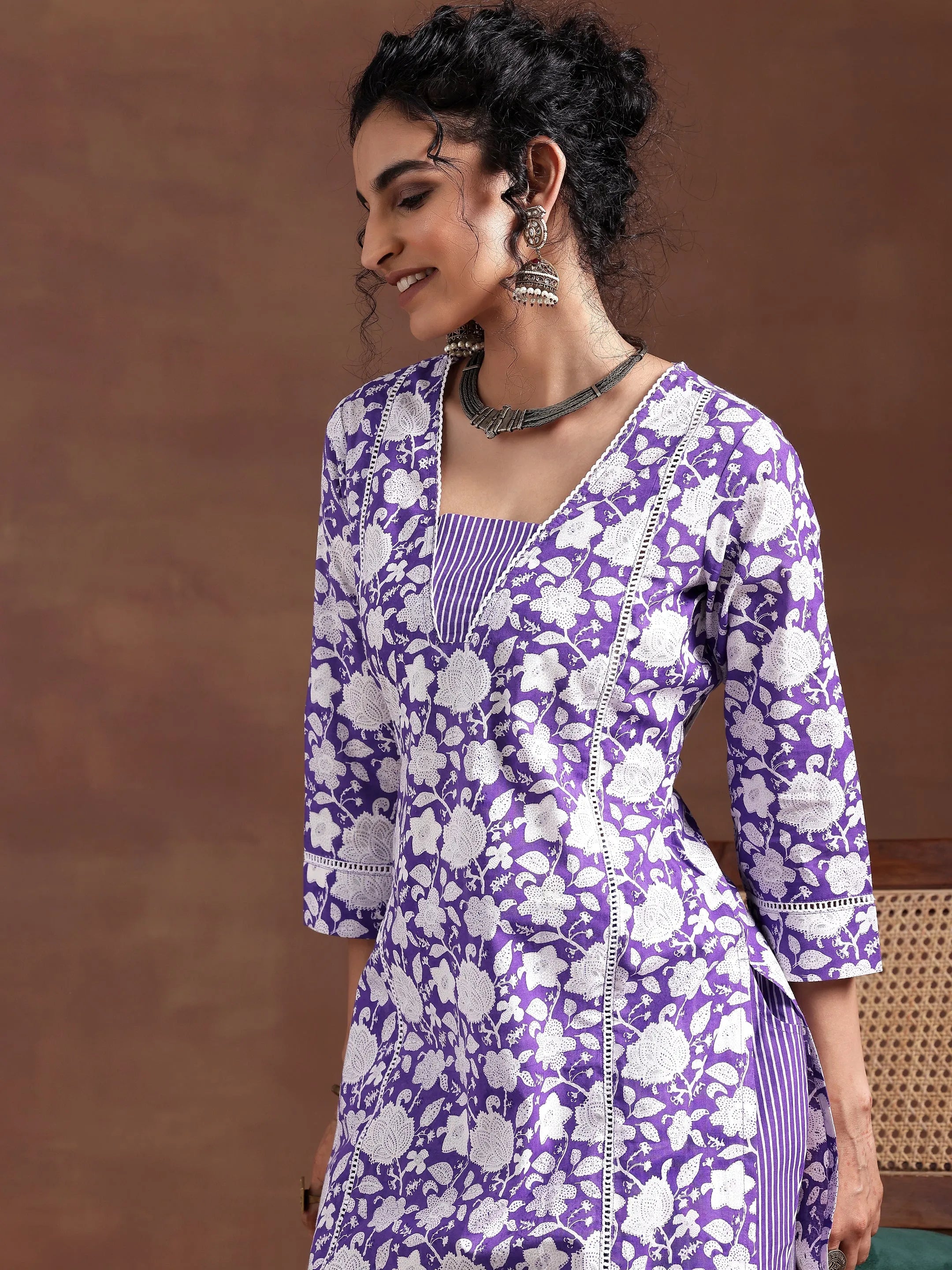 Purple Printed Cotton Straight Kurta Set