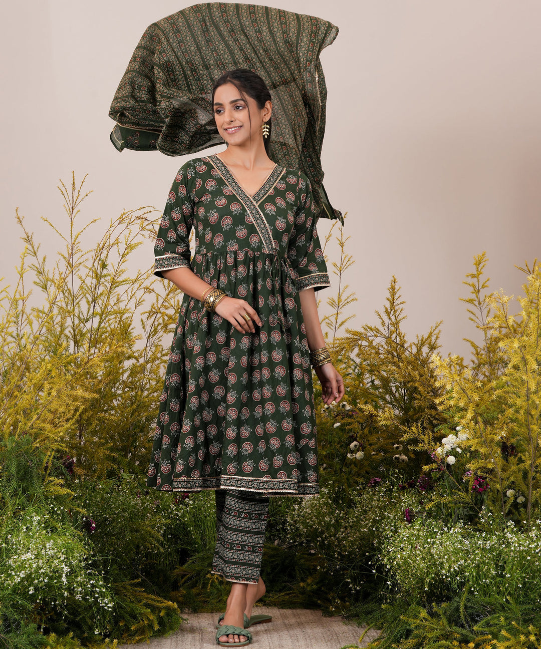 Green Printed Cotton Anarkali Kurta With Trousers & Dupatta - ShopLibas