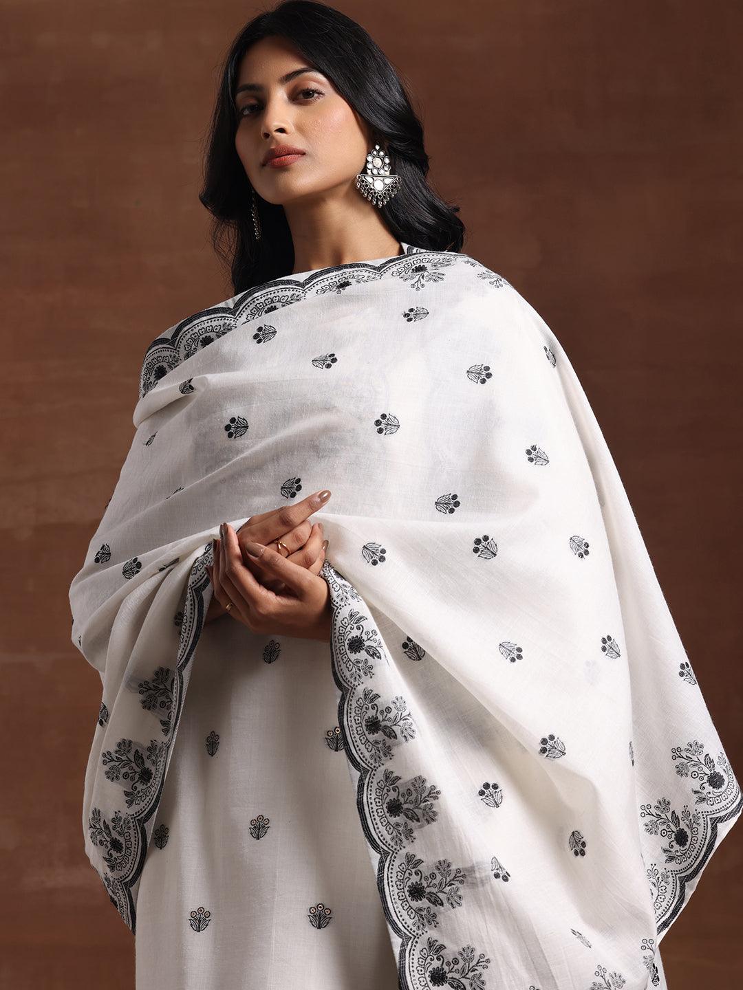 White Woven Design Cotton Straight Suit With Dupatta