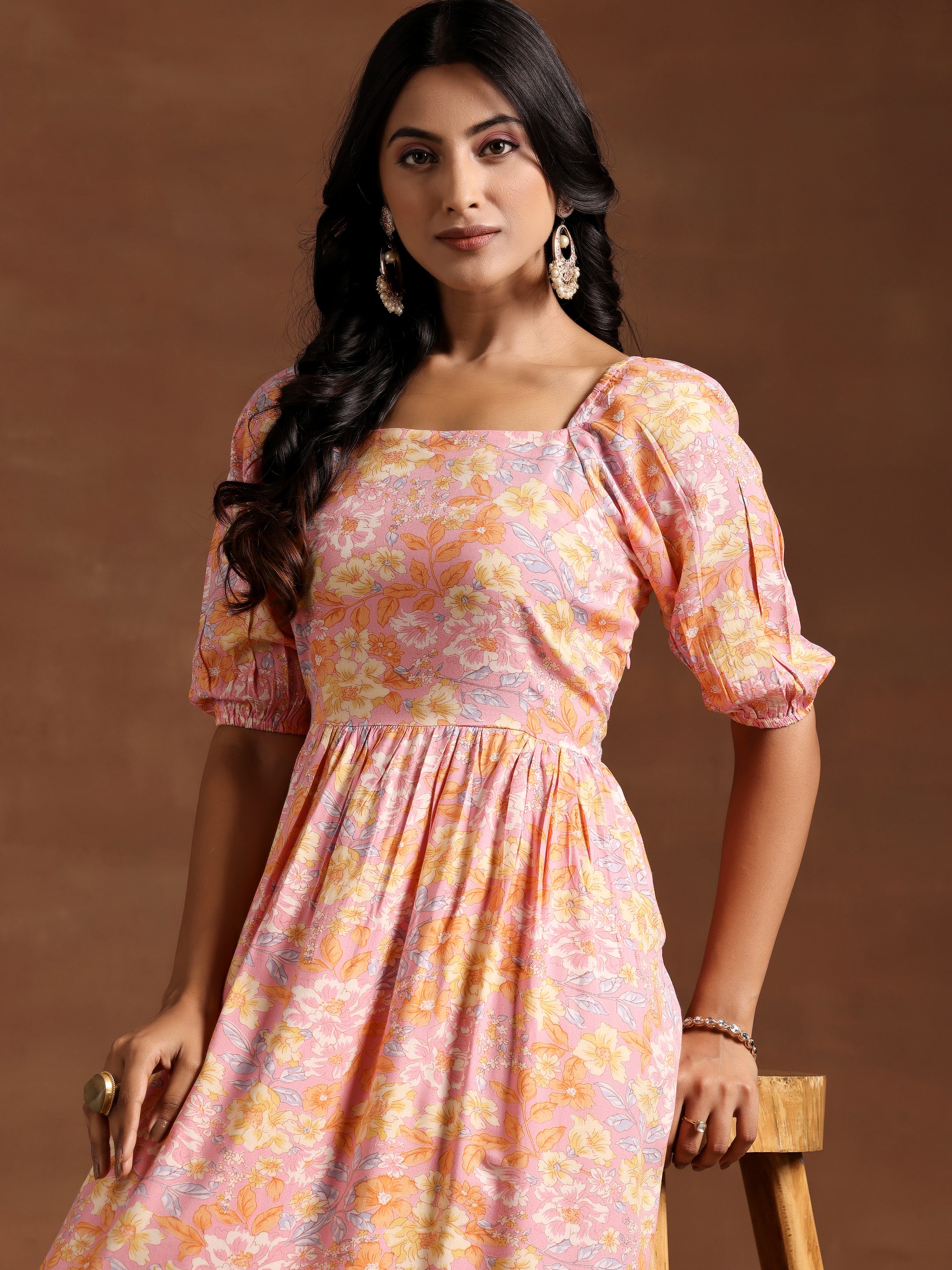 Peach Printed Rayon Fit and Flare Dress