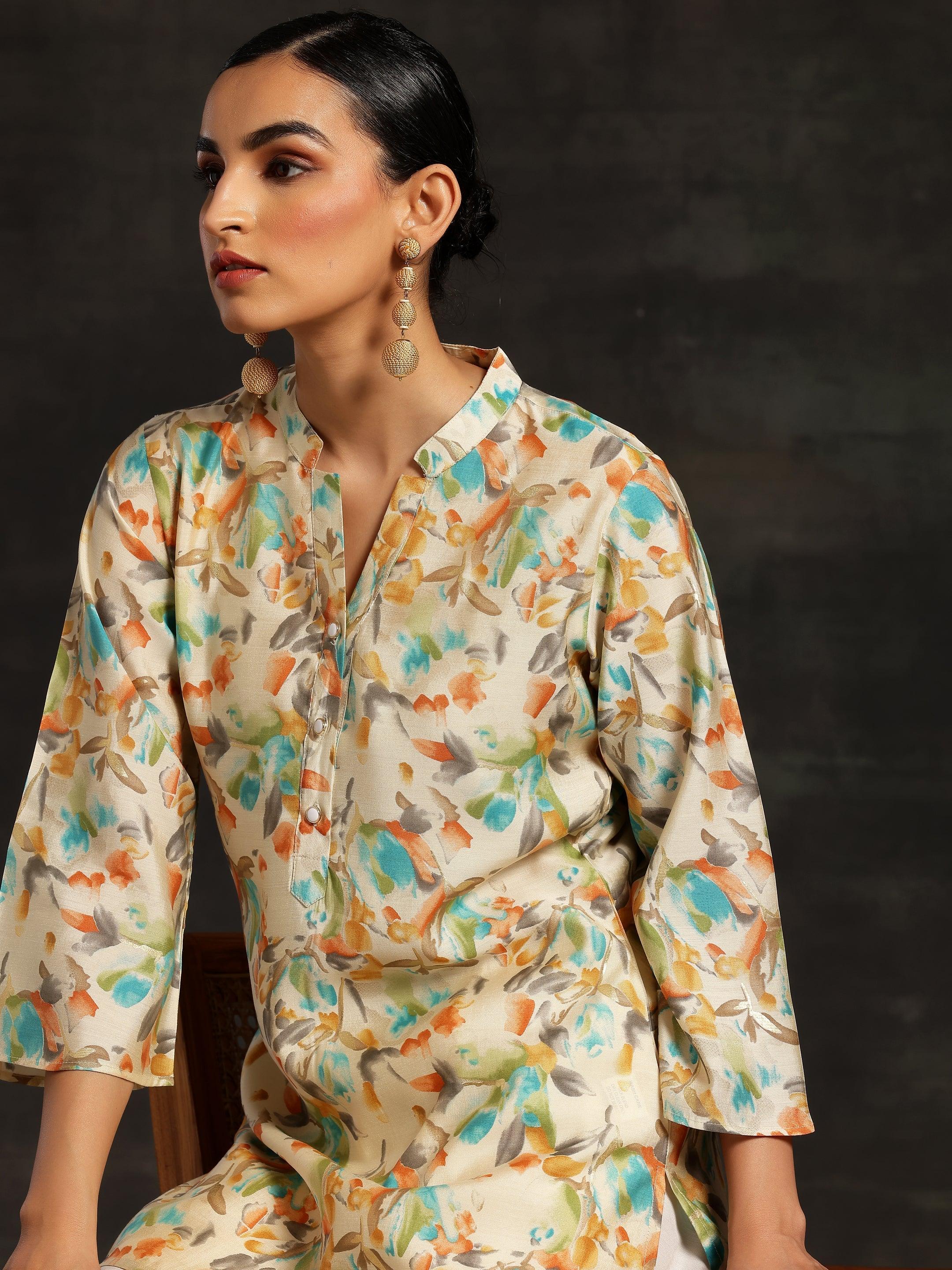 Beige Printed Silk Blend Straight Kurtis