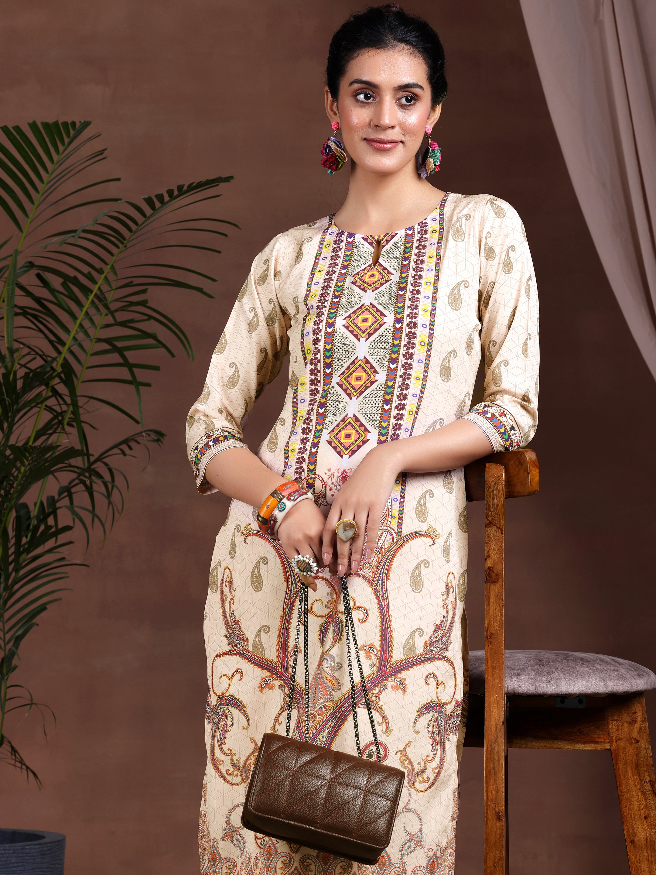 Beige Printed Poly Crepe Straight Kurta Set