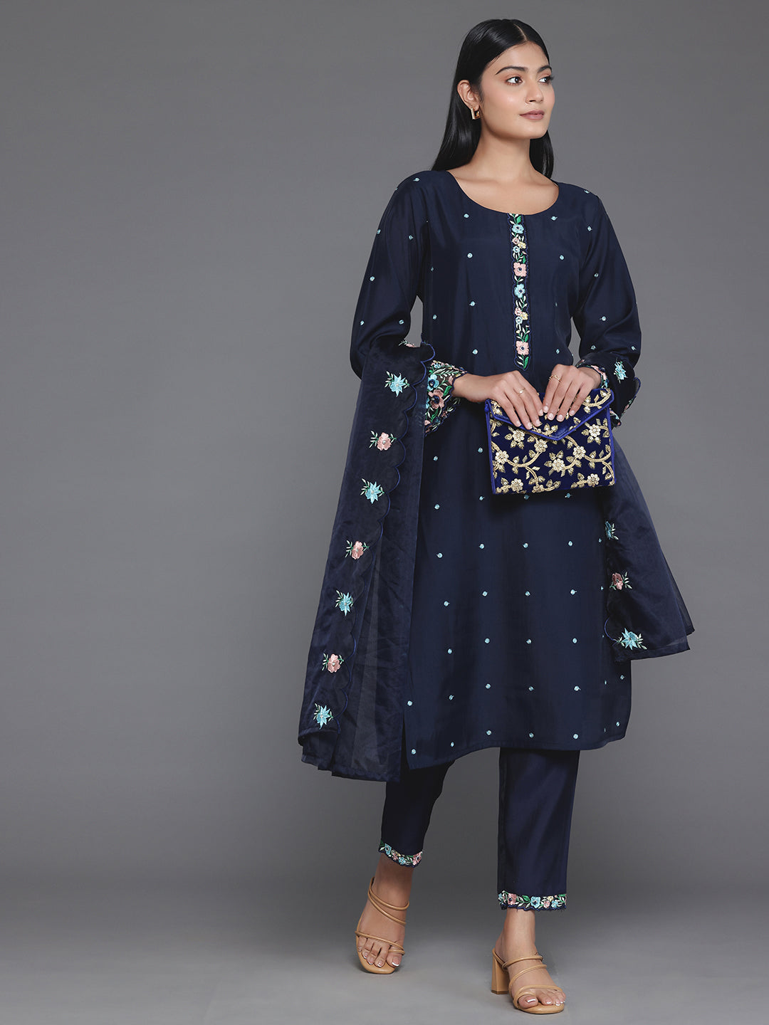 Blue Embroidered Silk Blend Straight Suit With Dupatta