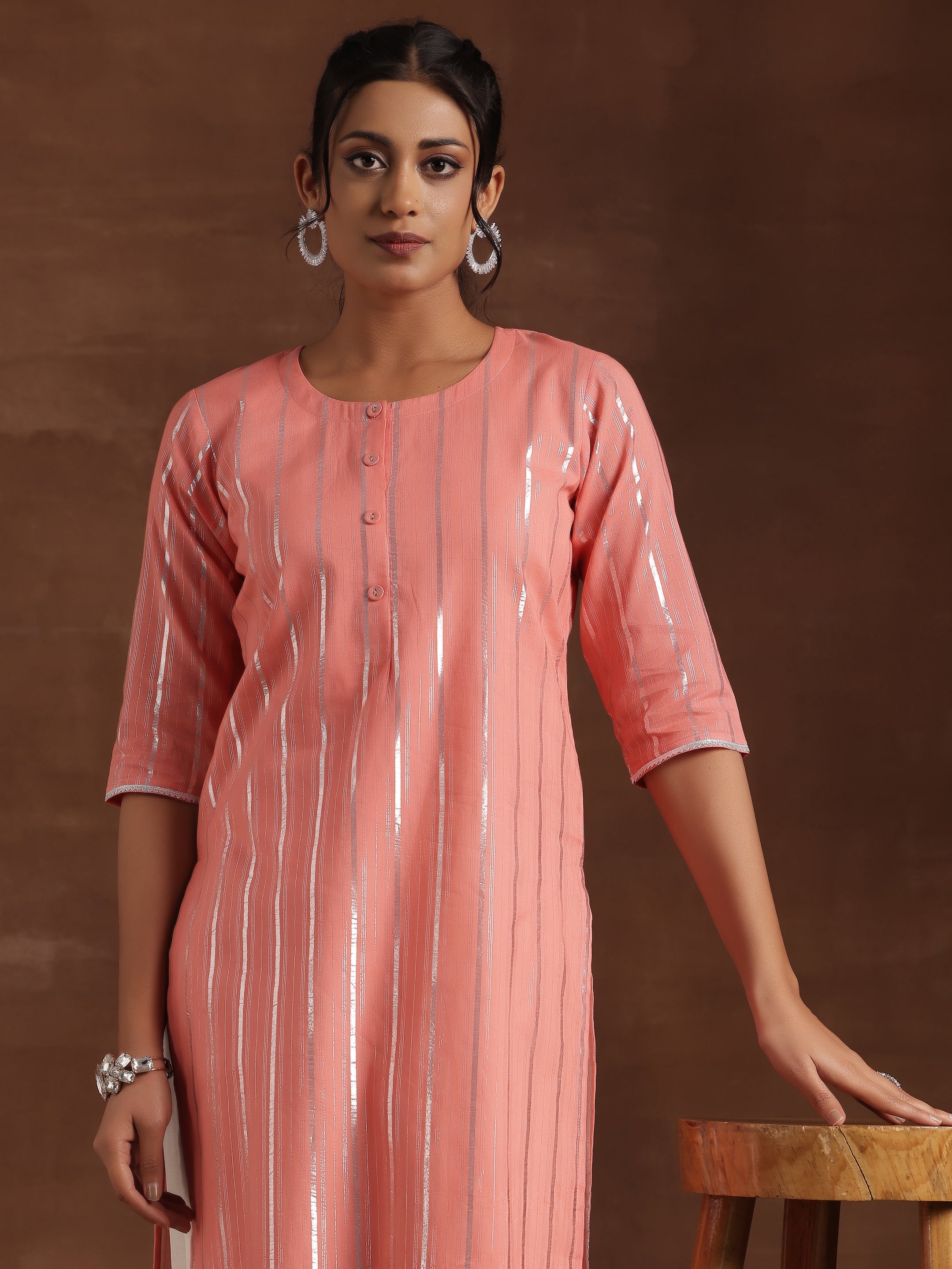 Peach Woven Design Cotton Straight Kurta