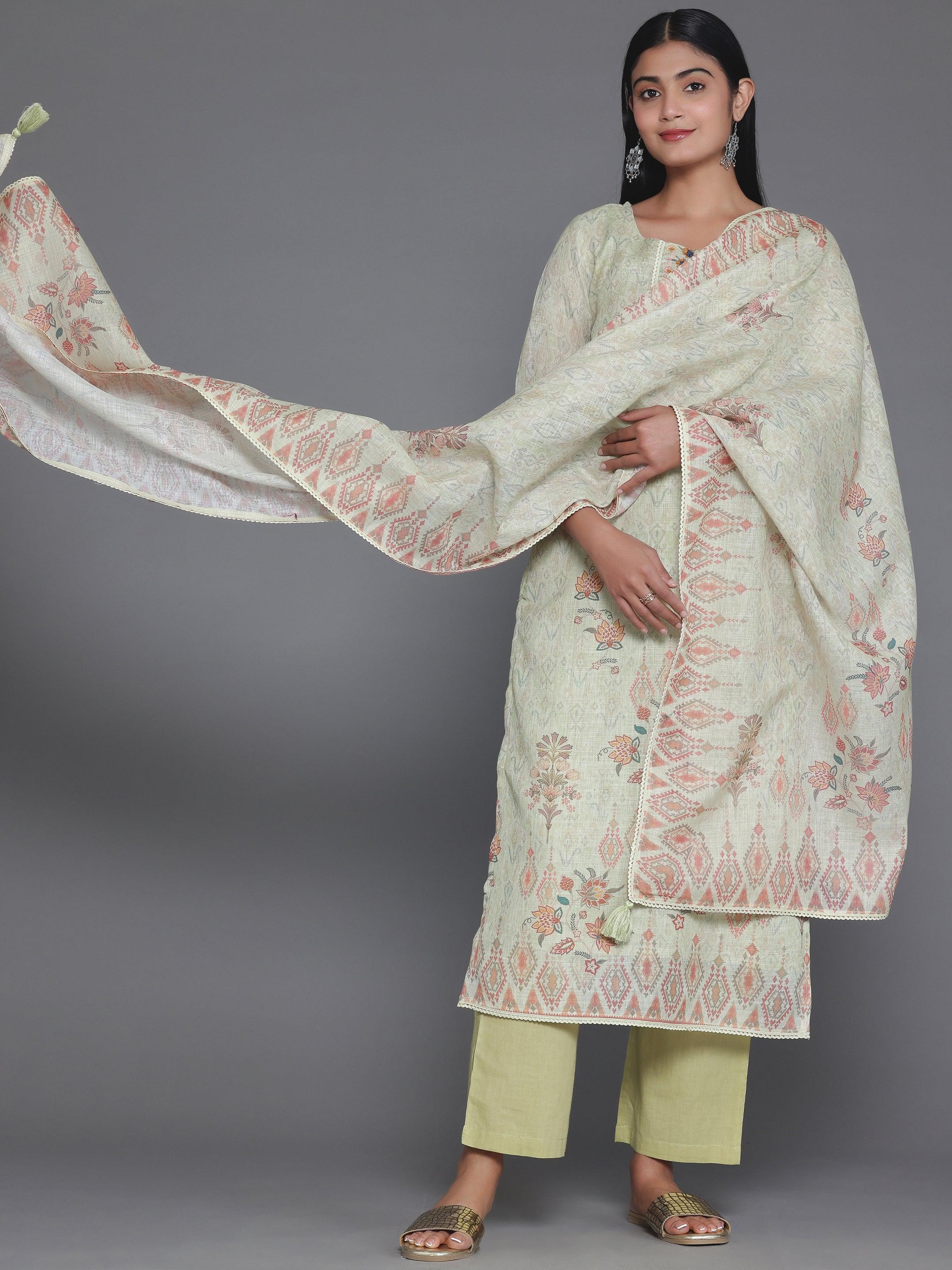 Green Printed Cotton Straight Suit With Dupatta