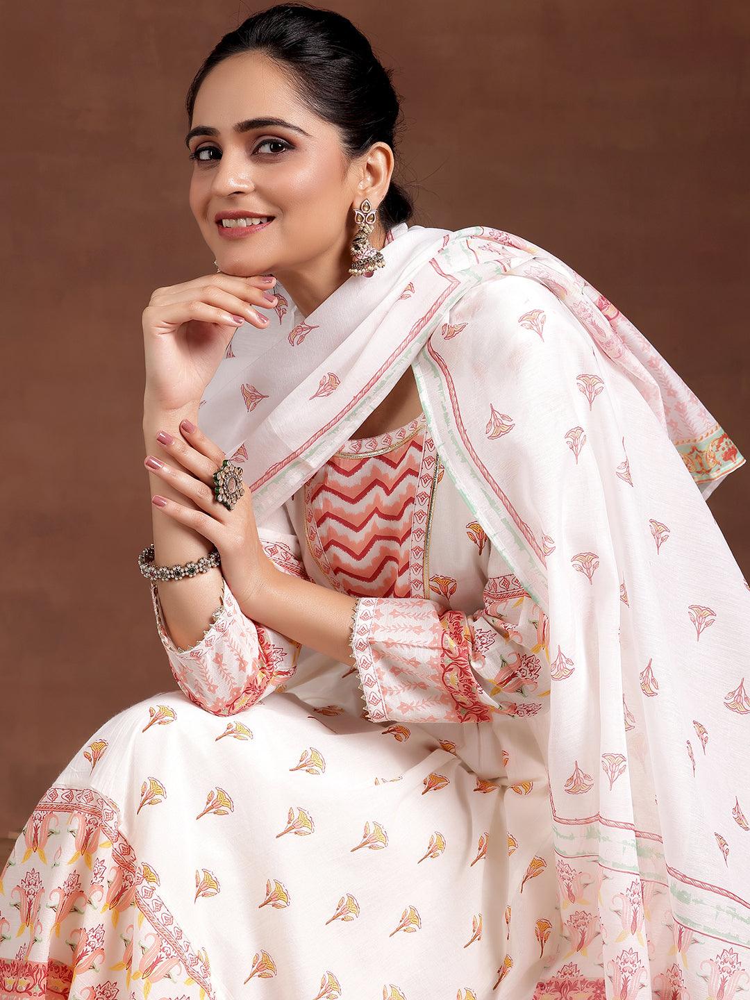 Off White Printed Cotton Anarkali Suit With Dupatta