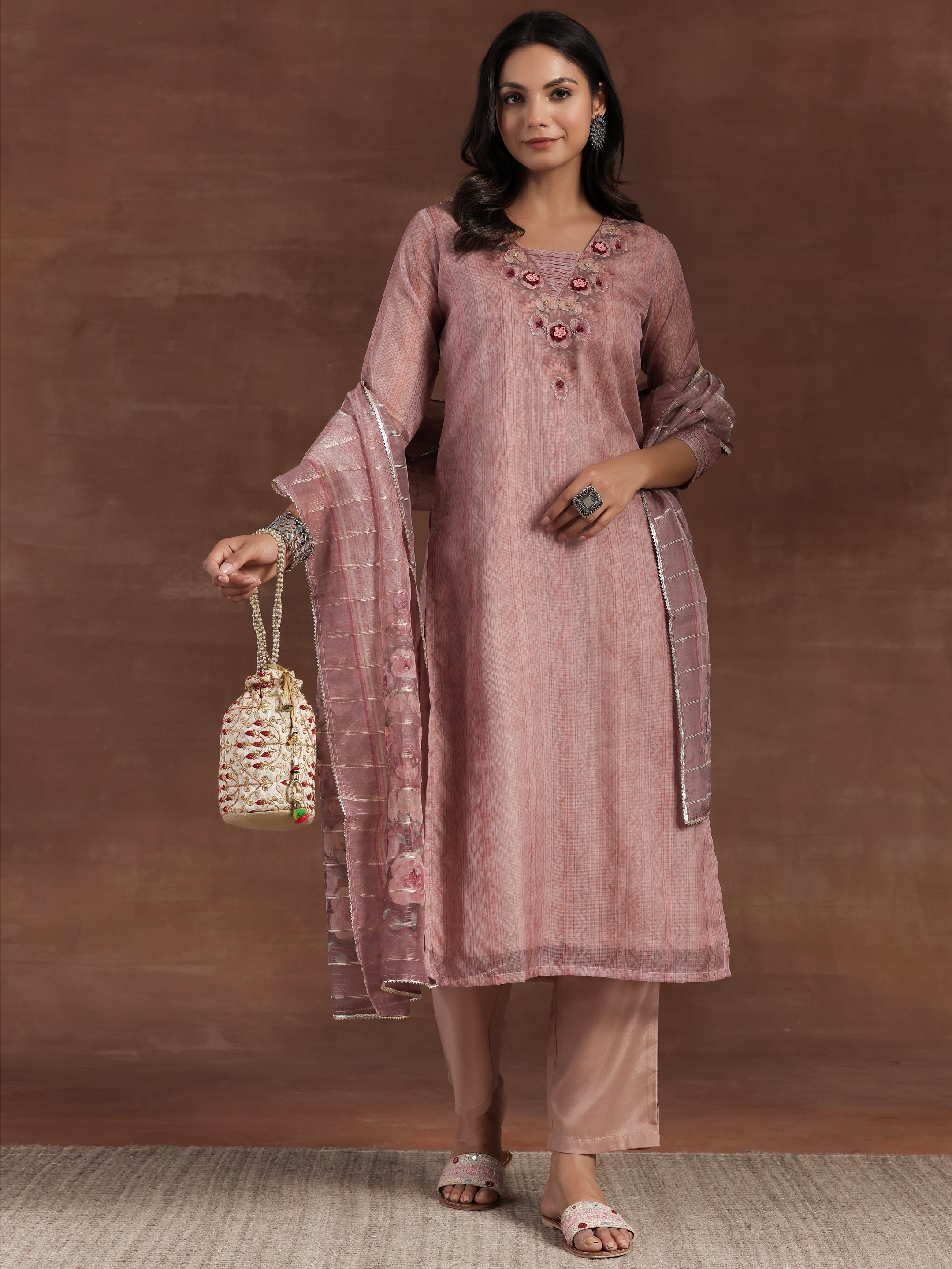 Pink Printed Organza Straight Suit With Dupatta