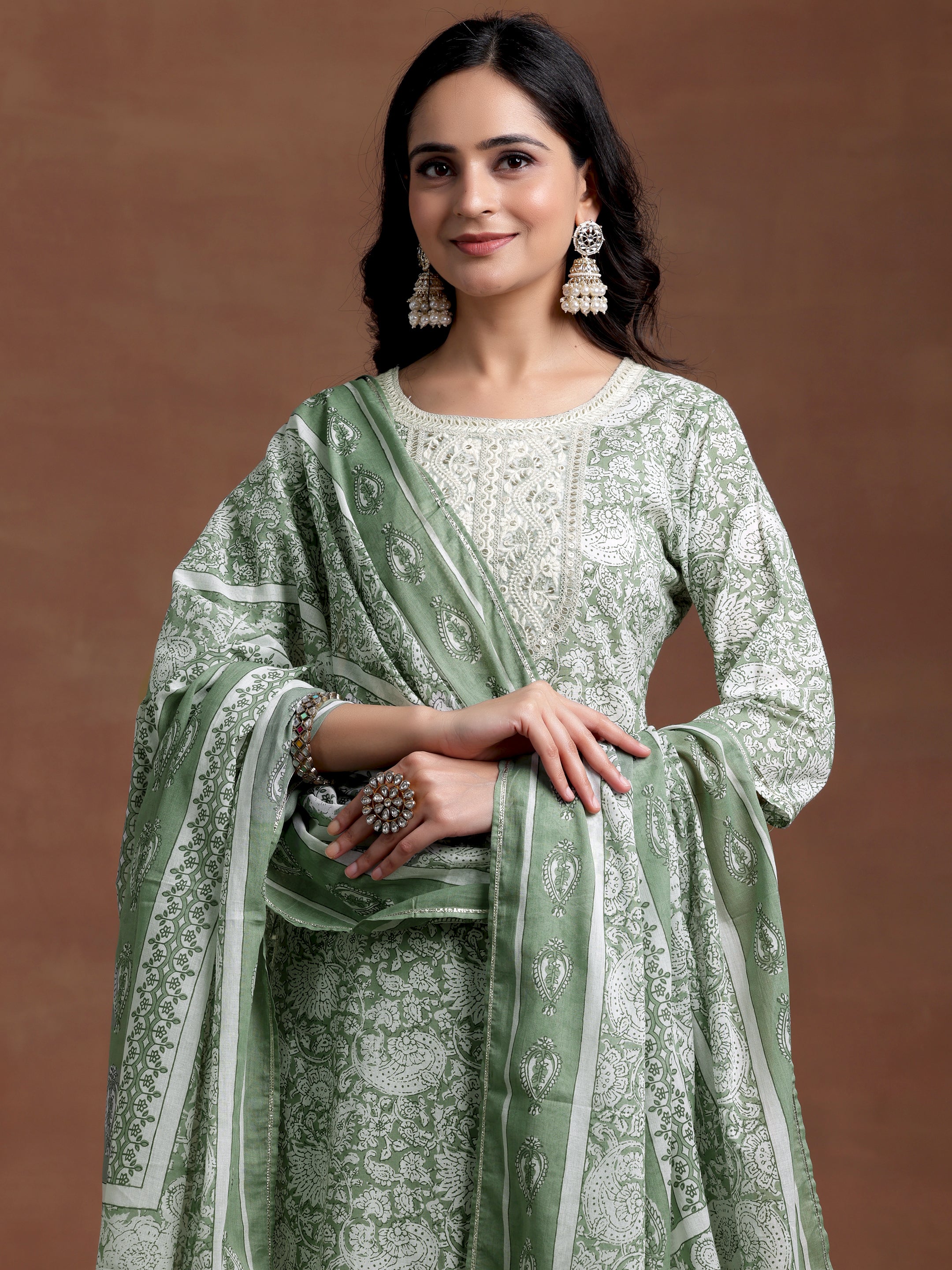 Green Yoke Design Cotton Straight Suit With Dupatta