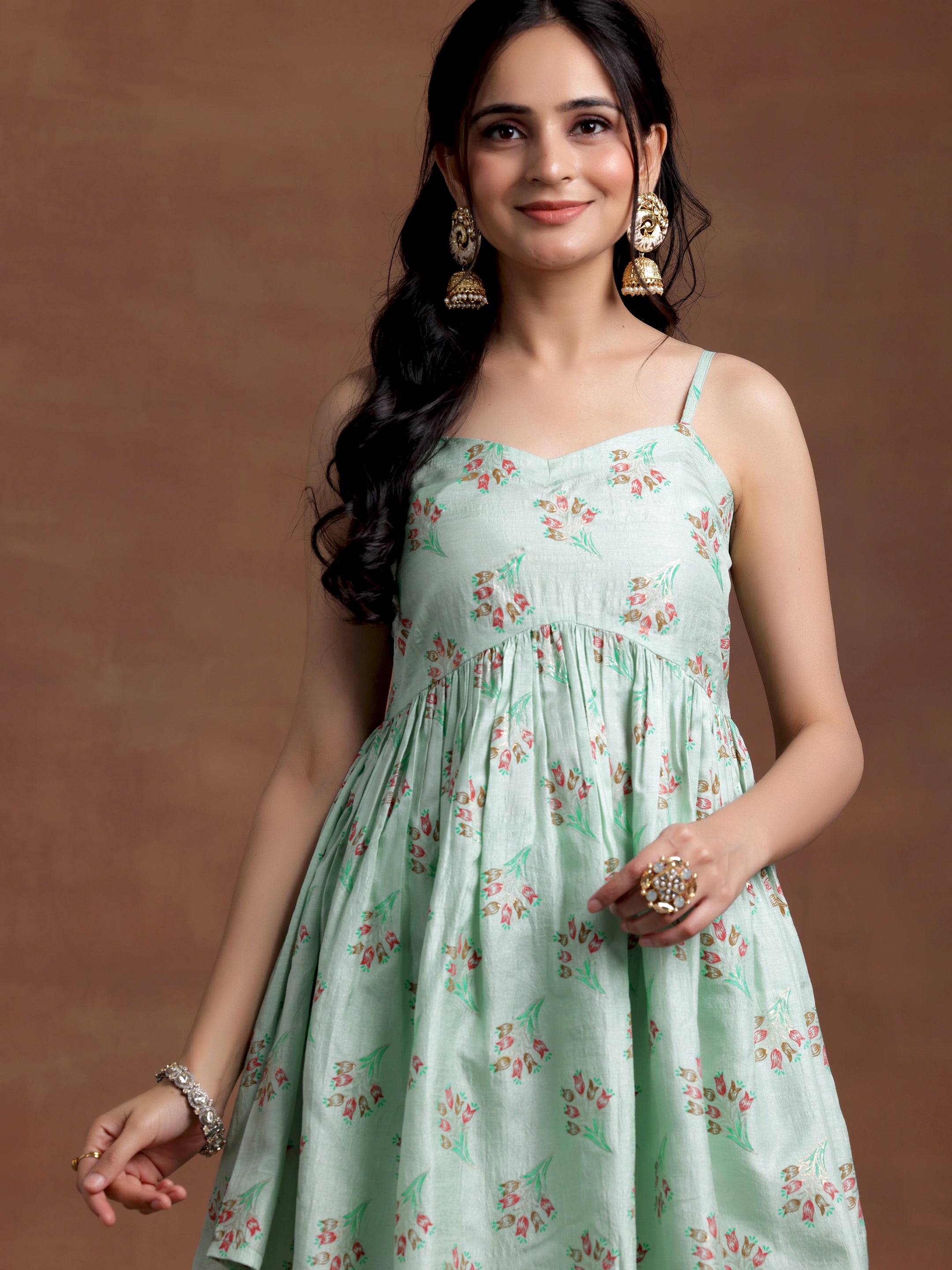 Sea Green Printed Silk Blend A-Line Kurta With Sharara