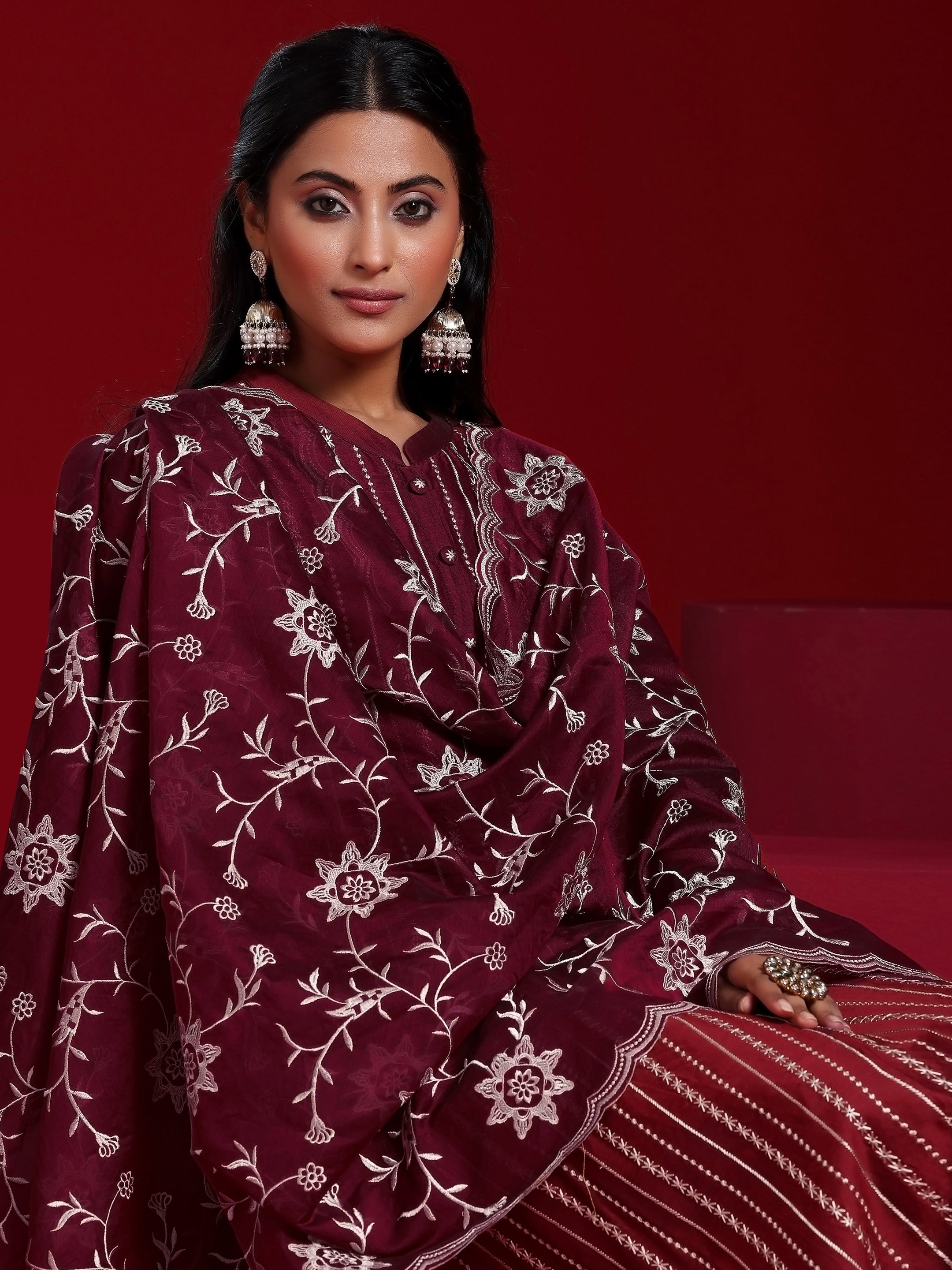 Libas Art Maroon Embroidered Chanderi Silk Straight Suit With Dupatta