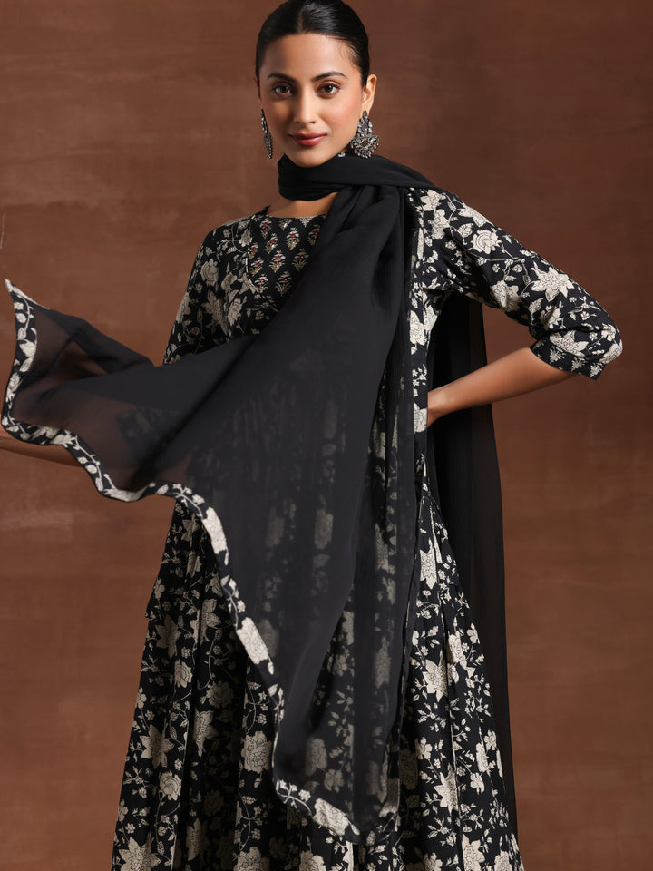 Black Printed Pure Cotton Anarkali Suit With Dupatta