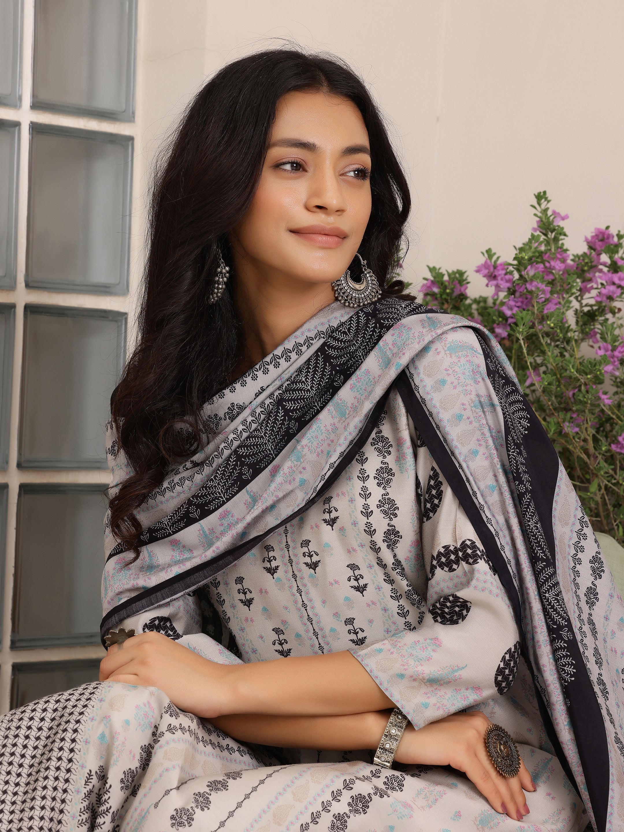 Grey Printed Silk Blend Straight Suit With Dupatta