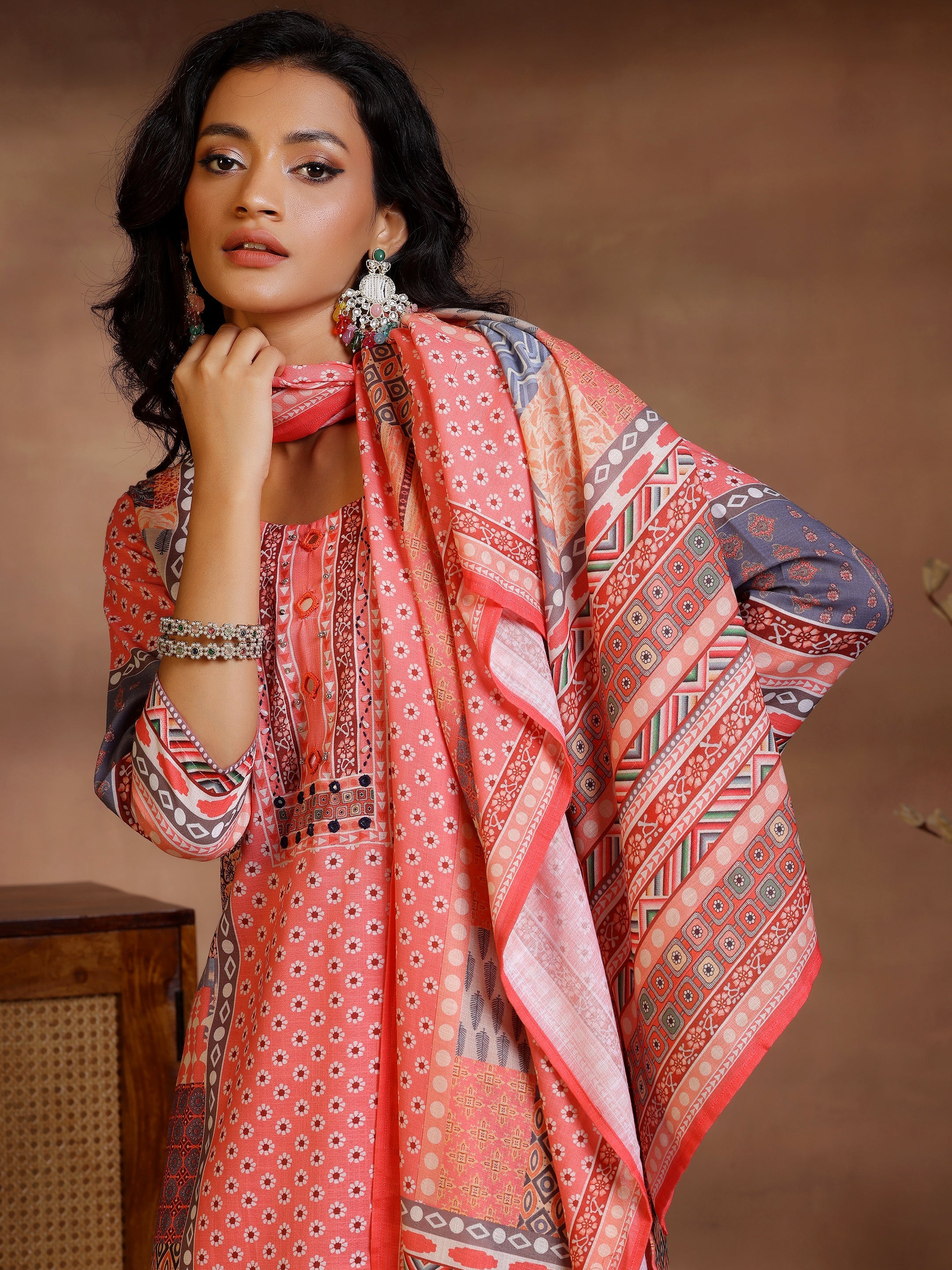 Multicoloured Printed Linen Straight Suit With Dupatta