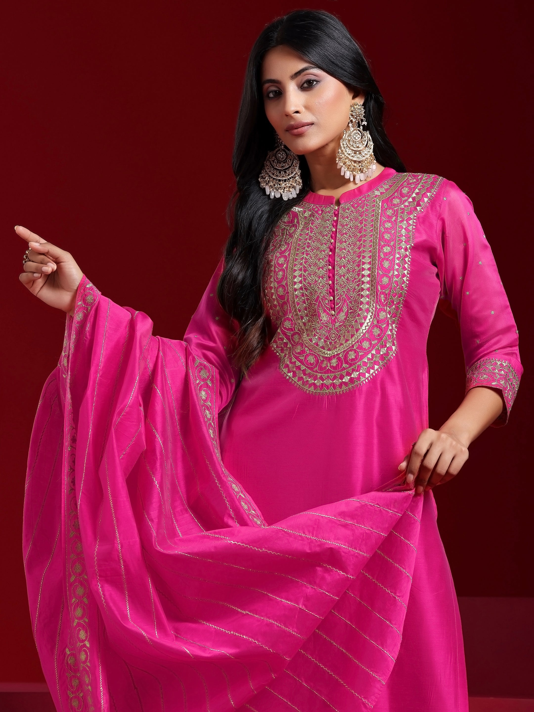 Libas Art Pink Yoke Design Chanderi Silk Straight Suit With Dupatta