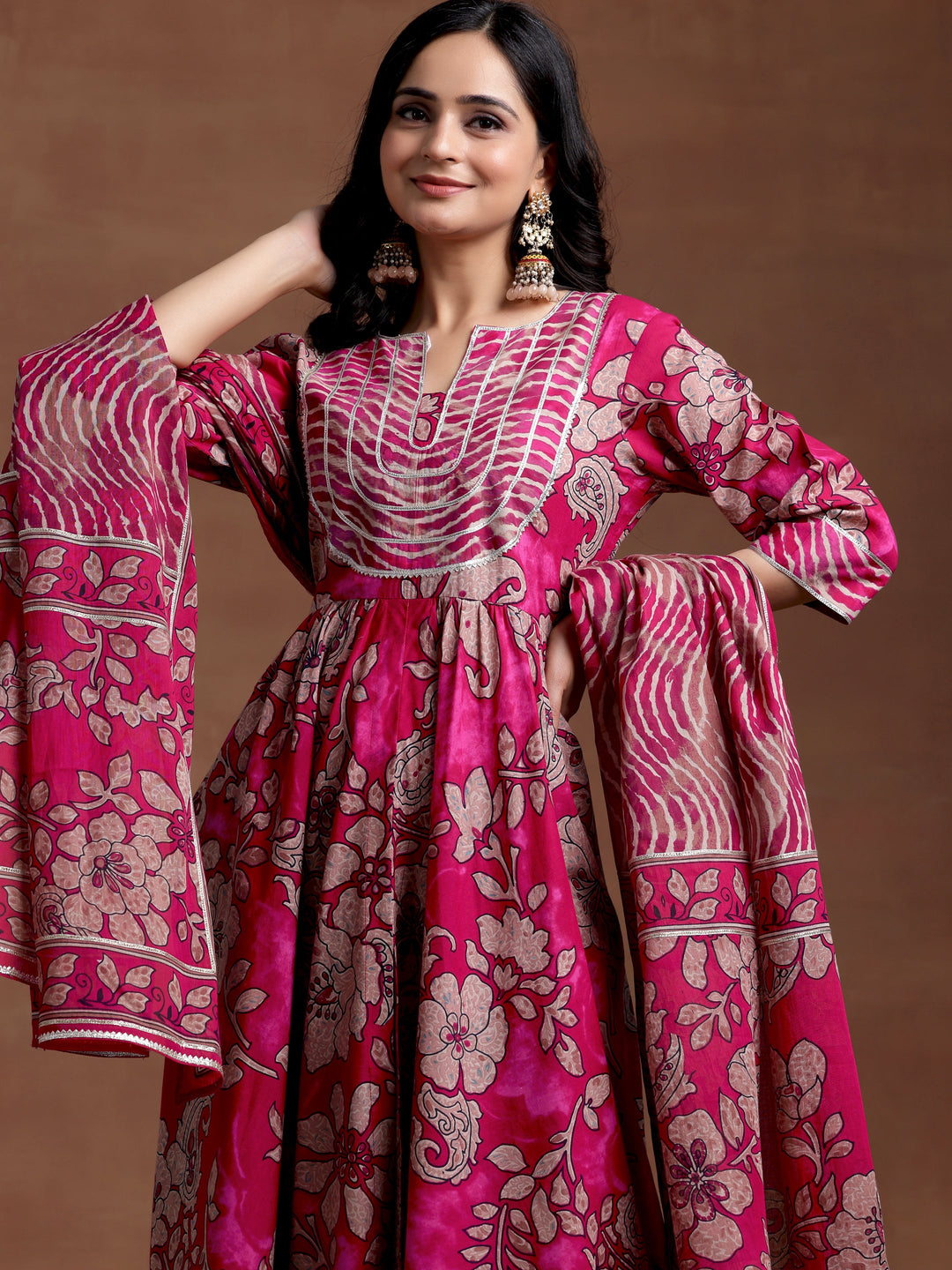 Magenta Printed Cotton Anarkali Suit With Dupatta