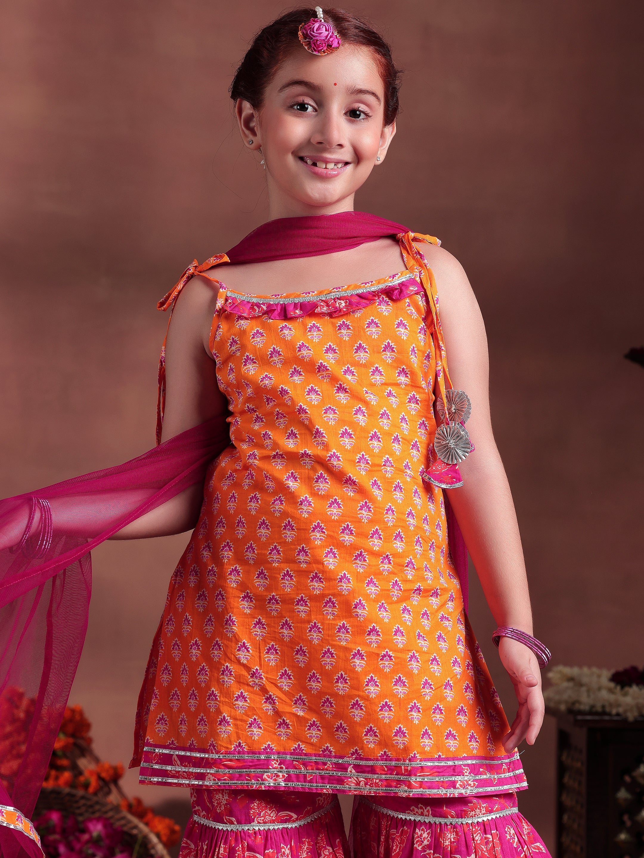 Kids Orange Printed Cotton Straight Suit With Dupatta