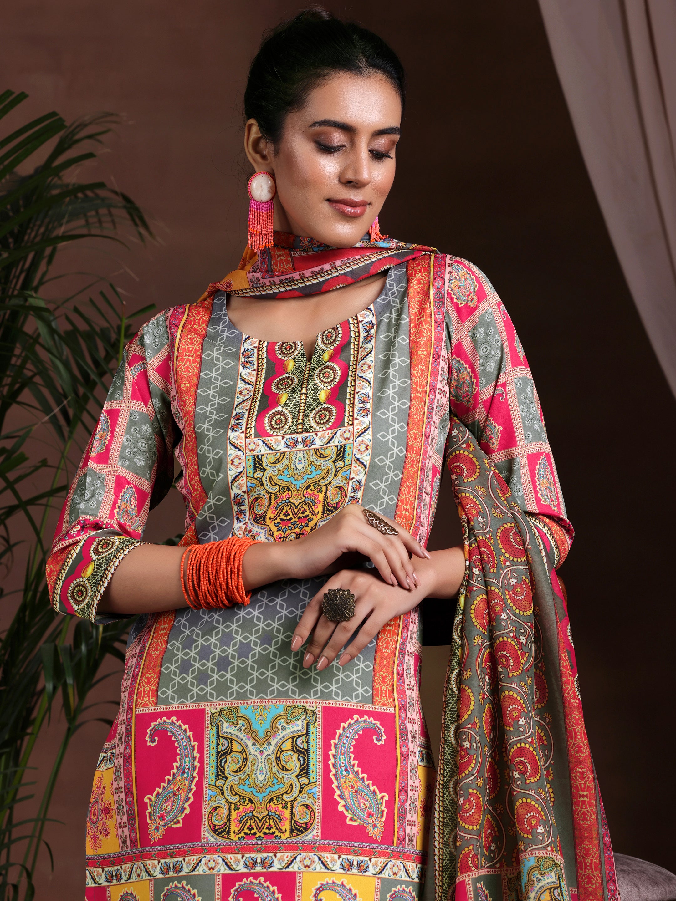 Multi Printed Poly Crepe Straight Suit With Dupatta