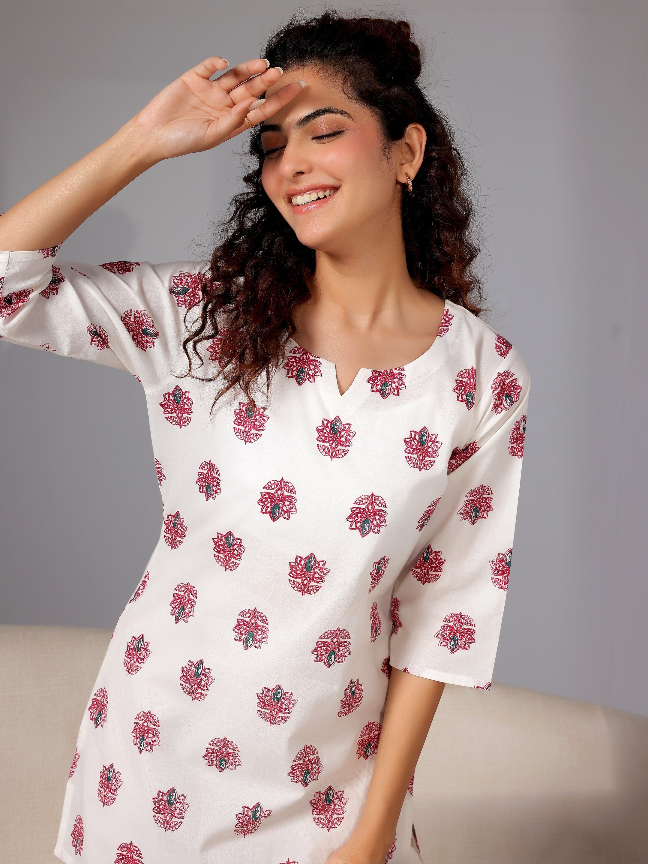 Cream Printed Cotton Night Suits