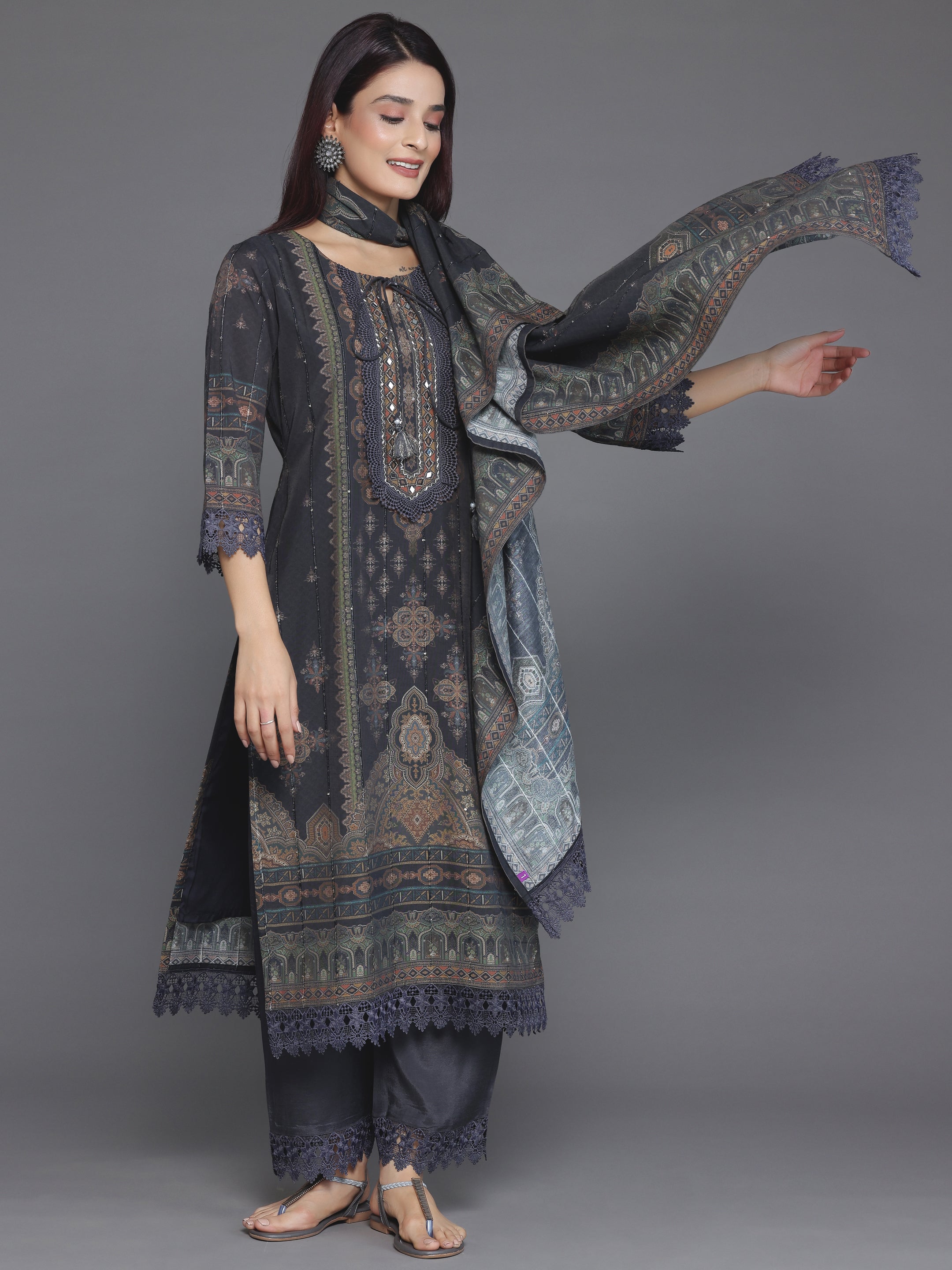 Grey Printed Silk Blend Straight Suit With Dupatta