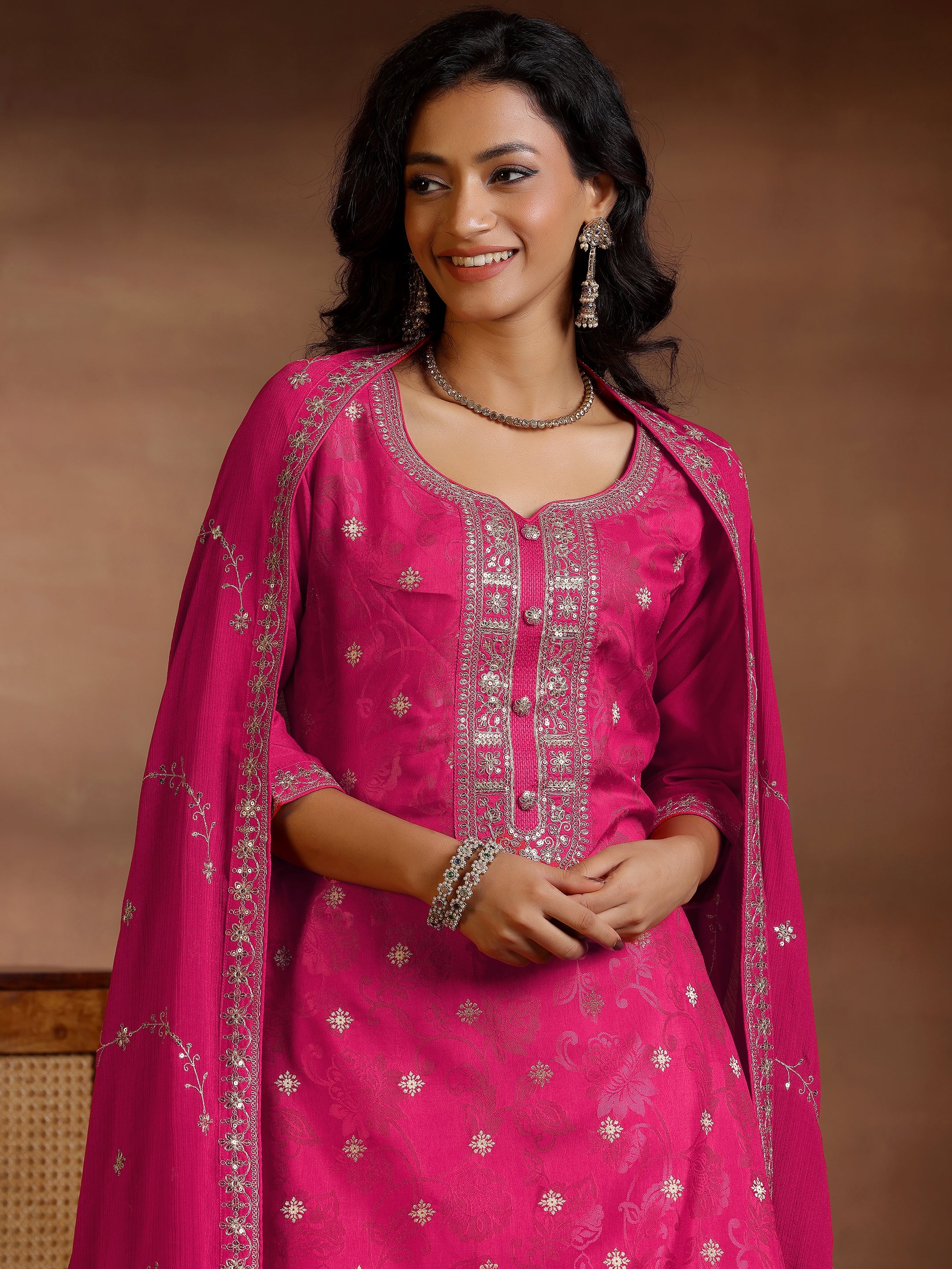 Pink Woven Design Silk Blend Straight Suit With Dupatta